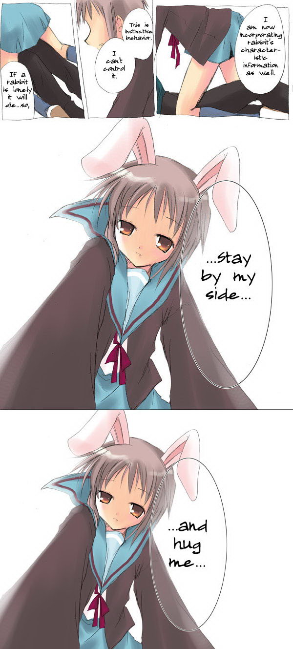 kyon, nagato yuki, suzumiya haruhi no yuuutsu, hard-translated, highres, third-party edit, translated, 00s, 1boy, 1girl, animal ears, brown eyes, cardigan, comic, lonely, purple hair, rabbit ears, school uniform, serafuku, short hair, skirt