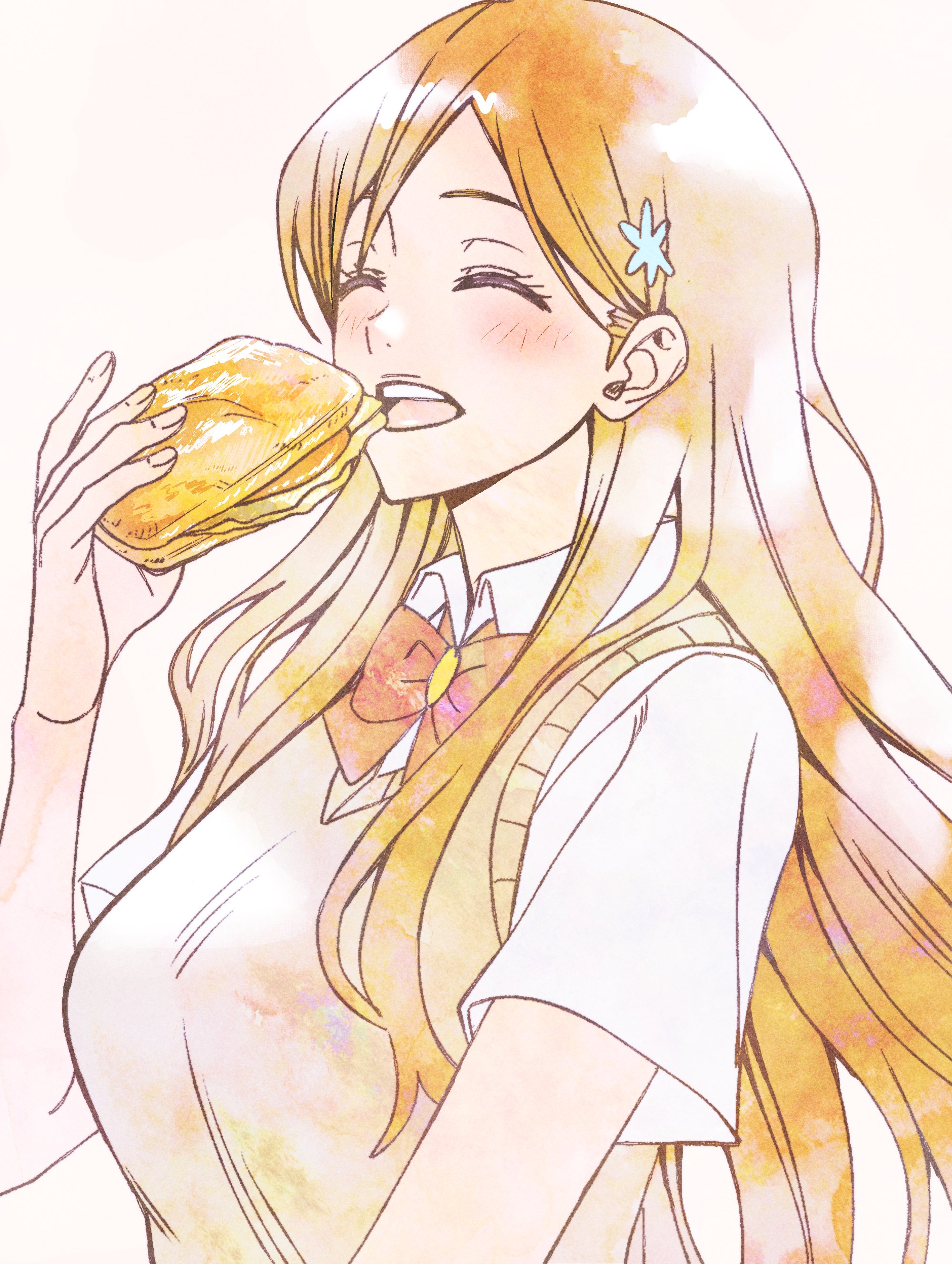 n (nauki 11), inoue orihime, bleach, absurdres, hashtag-only commentary, highres, 1girl, blush, bow, bowtie, bread, breasts, closed eyes, collared shirt, eating, food, hair behind ear, hair ornament, hairclip, holding, holding food, holding sandwich, karakura high school uniform, large breasts, long hair, open mouth, orange hair, red bow, red bowtie, sandwich, school uniform, shirt, short sleeves, simple background, solo, sweater vest, teeth, upper body, upper teeth only, white shirt