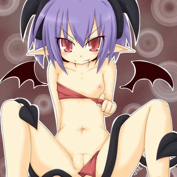 reku, bad id, bad pixiv id, copyright request, 1girl, blush, cleft of venus, demon girl, female focus, flat chest, loli, panties, panty pull, pointy ears, purple hair, pussy, solo, tail, underwear, wings