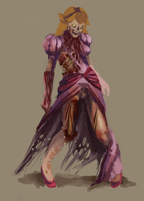 princess peach, mario (series), nintendo, 1girl, blonde hair, blood, bone, dress, female focus, glowing, glowing eyes, rotting, simple background, skull, solo, torn clothes, zombie