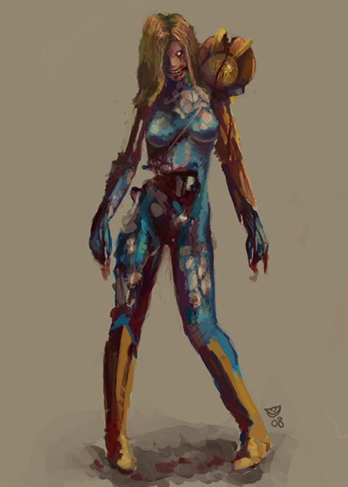 samus aran, metroid, nintendo, 1girl, armor, blonde hair, blood, bodysuit, female focus, guro, power suit, power suit (metroid), rotting, solo, varia suit, zero suit, zombie