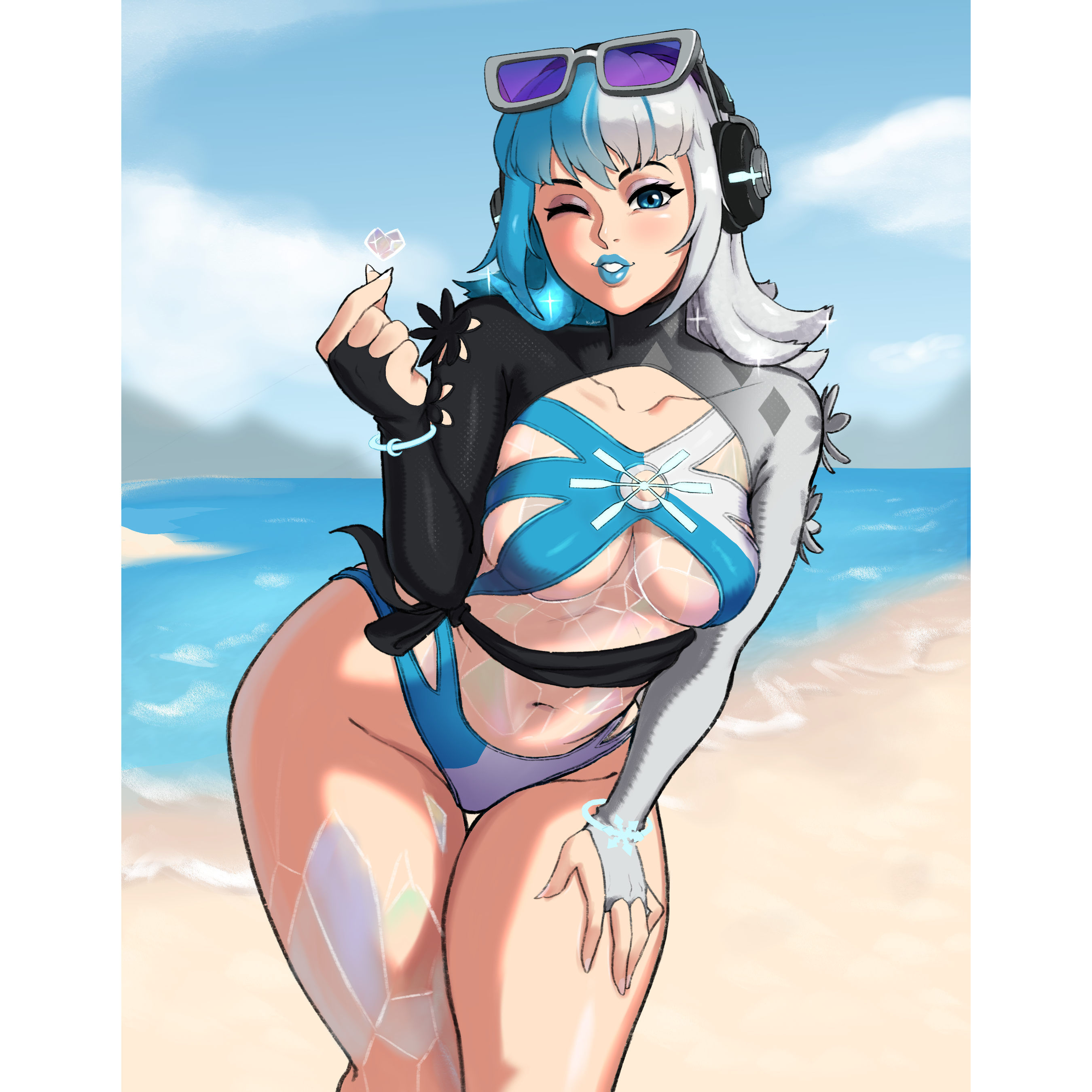 kryokenn, luna snow, luna snow (cool summer), marvel, marvel rivals, absurdres, highres, 1girl, adjusting eyewear, beach, blue eyes, blue hair, blue lips, day, hand on own thigh, headphones, looking at viewer, multicolored hair, navel, official alternate costume, one eye closed, outdoors, pillarboxed, purple-tinted eyewear, solo, split-color hair, sunglasses, tinted eyewear, two-tone hair, white hair
