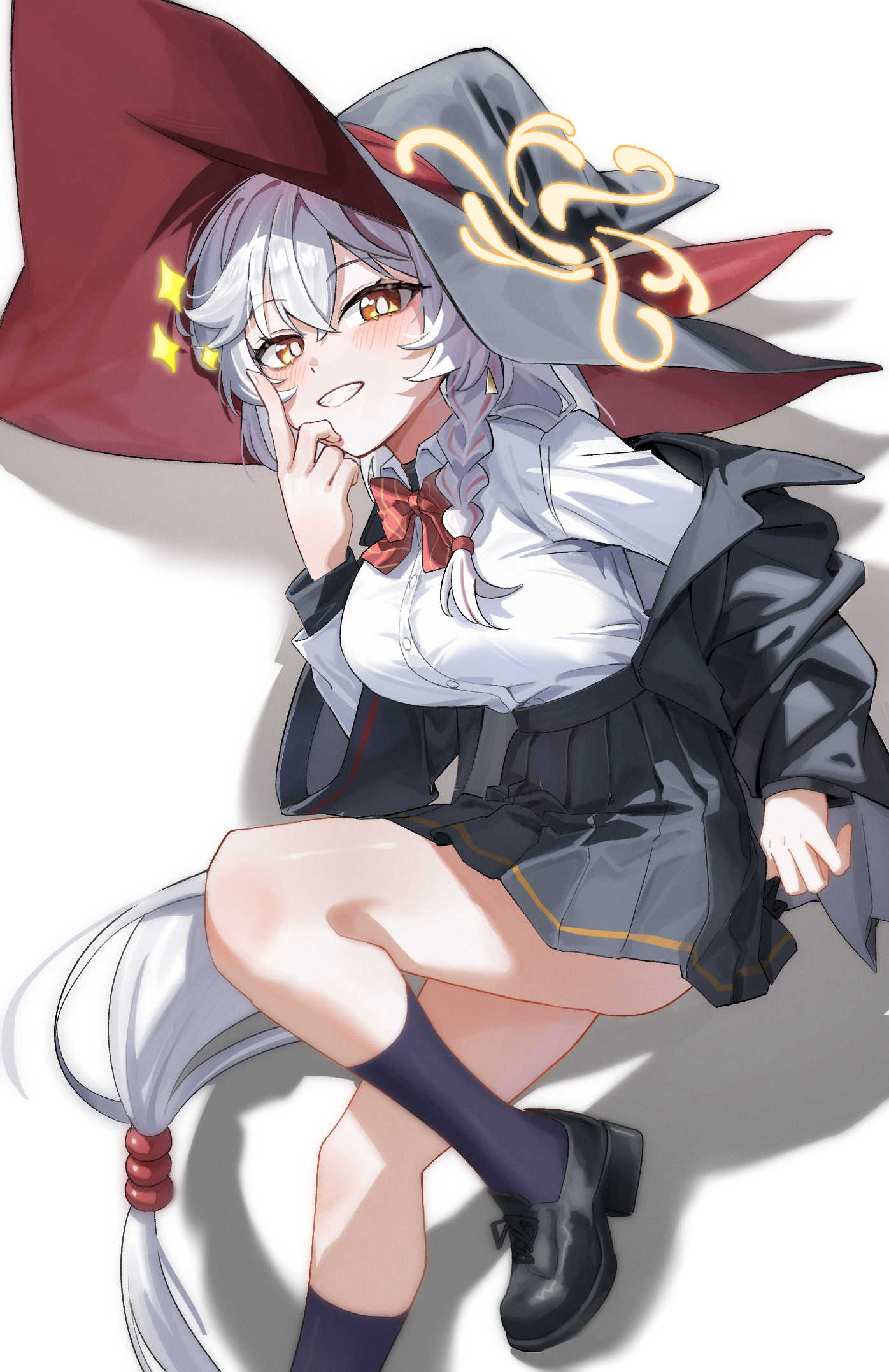 eri (blue archive), blue archive, highres, 1girl, black jacket, black shoes, black skirt, black socks, blush, bow, braid, breasts, collared shirt, hair between eyes, hat, index finger raised, jacket, large breasts, long hair, long sleeves, looking at viewer, low-tied long hair, mogurine, orange eyes, parted lips, pleated skirt, red bow, shirt, shoes, side braid, simple background, skirt, smile, socks, solo, thighs, very long hair, white background, white hair, white shirt, witch hat