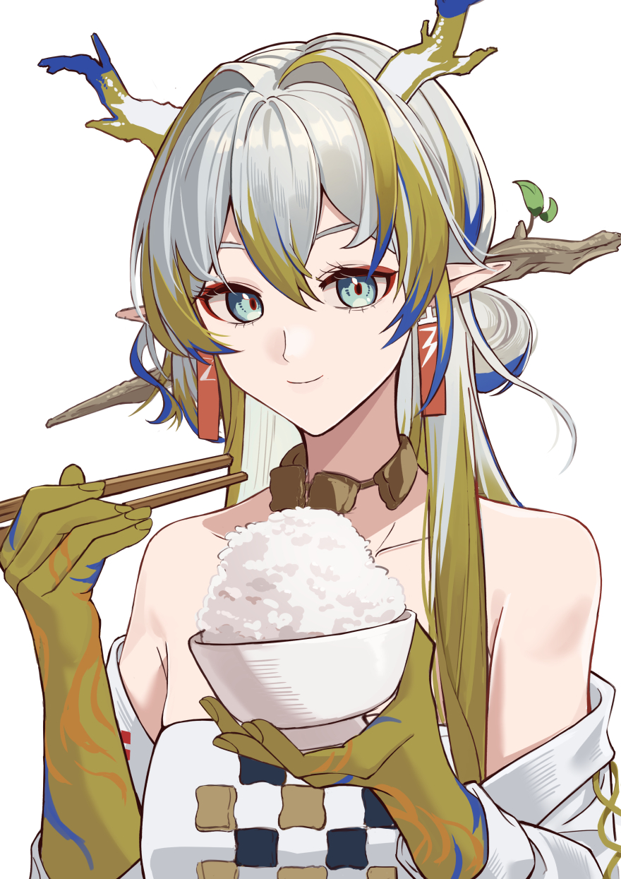 motirimoti, shu (arknights), arknights, commentary request, highres, 1girl, aqua eyes, bare shoulders, blonde hair, blue hair, bowl, chopsticks, closed mouth, colored extremities, dragon girl, dragon horns, earrings, fingernails, food, hair between eyes, hair intakes, holding, holding bowl, holding chopsticks, horns, incoming food, jewelry, long hair, looking at viewer, multicolored hair, necklace, off shoulder, pointy ears, rice, rice bowl, simple background, smile, solo, white background, white hair