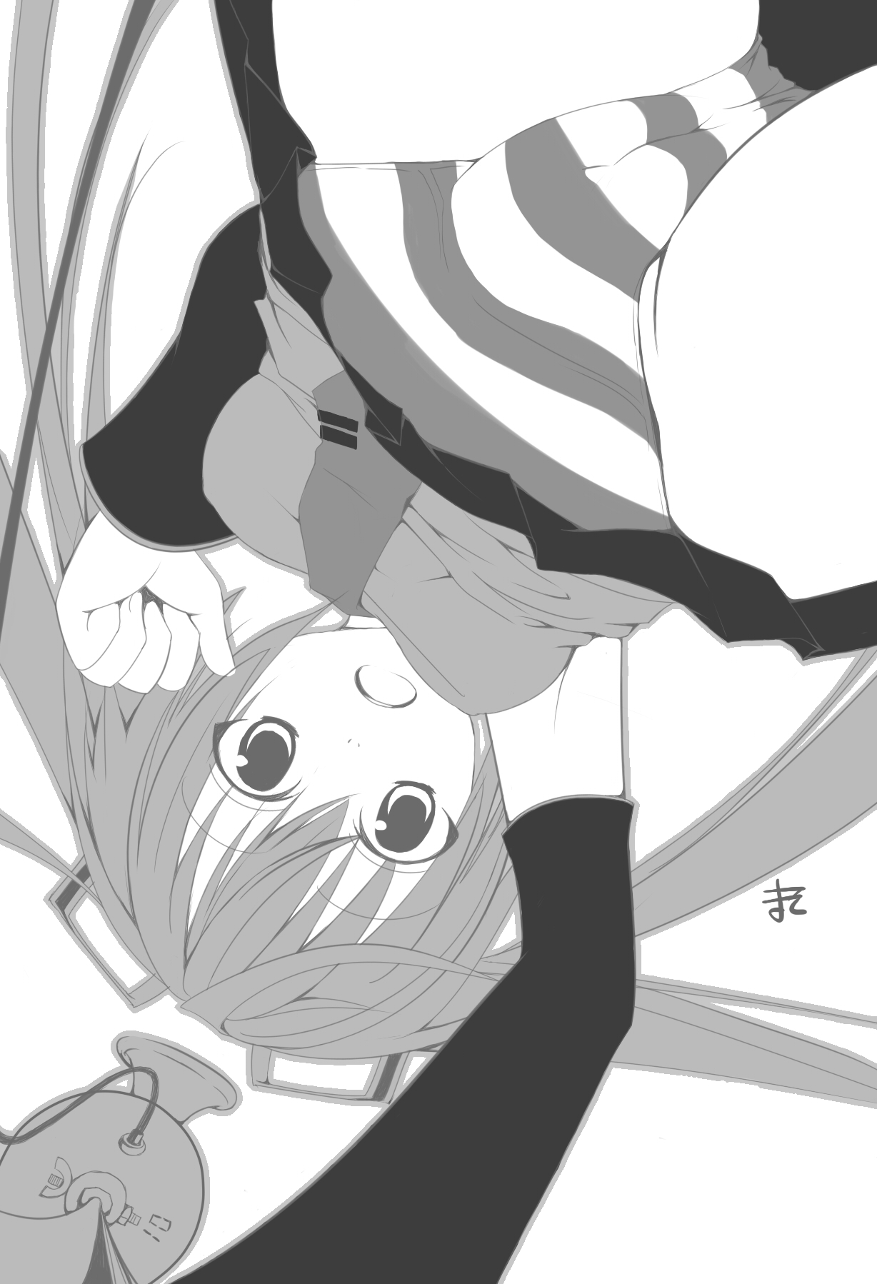 maso (artist), hatsune miku, vocaloid, highres, greyscale, long hair, monochrome, necktie, panties, skirt, striped clothes, striped panties, twintails, underwear, upskirt