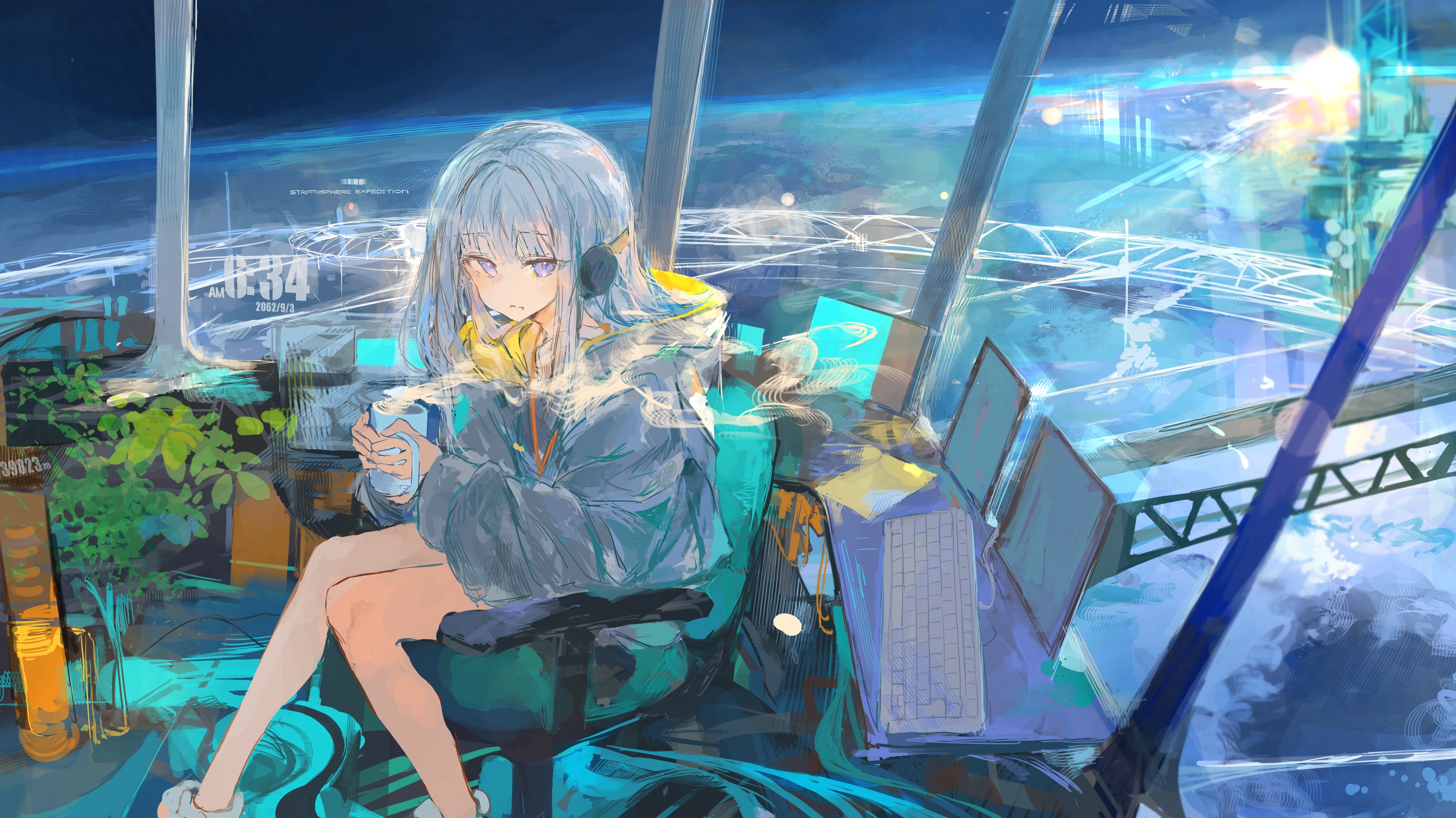 ichika (ichika87), original, commentary request, highres, 1girl, blunt bangs, chair, closed mouth, computer keyboard, cup, feet out of frame, frown, grey hoodie, headphones, holding, holding cup, hood, hood down, hoodie, long hair, long sleeves, looking at viewer, monitor, office chair, plant, purple eyes, sitting, solo, swivel chair, white hair, window