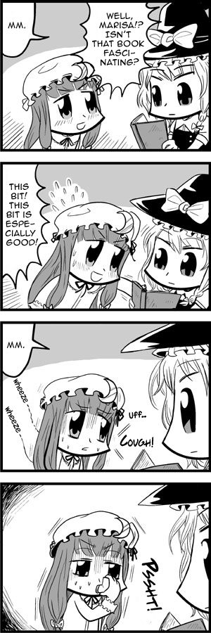 bkub, kirisame marisa, patchouli knowledge, touhou, hard-translated, long image, tall image, third-party edit, translated, 4koma, asthma, comic, female focus, greyscale, monochrome