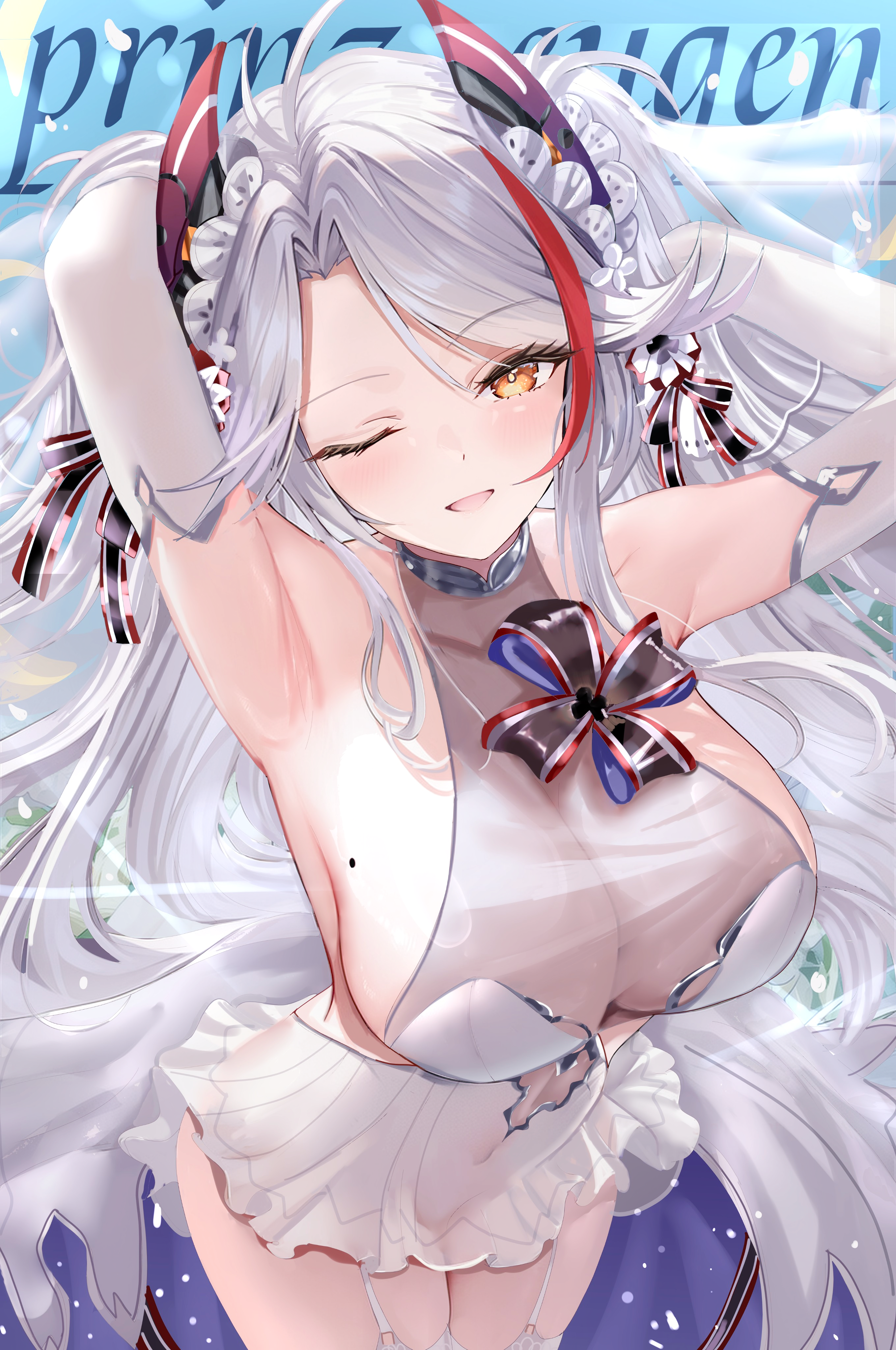 age fx, prinz eugen (azur lane), prinz eugen (symphonic fate) (azur lane), azur lane, absurdres, highres, 1girl, armpits, arms behind head, arms up, bare shoulders, blush, breasts, character name, dress, elbow gloves, gloves, grey hair, hair ornament, headgear, large breasts, light particles, looking at viewer, mole, mole on breast, official alternate costume, one eye closed, open mouth, red streaks, see-through cleavage, see-through clothes, see-through veil, showgirl skirt, sideboob, smile, solo, thighs, two side up, veil, white dress, white gloves, yellow eyes