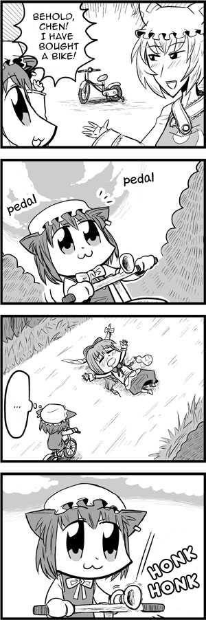 bkub, chen, ibuki suika, yakumo ran, touhou, hard-translated, long image, tall image, third-party edit, translated, …, 3girls, 4koma, :3, ^^^, animal ears, animal hat, bicycle, bike horn, blush, cat ears, cat girl, comic, drunk, earrings, english text, female focus, gourd, greyscale, hat, honk honk (meme), horns, jewelry, long sleeves, meme, mob cap, monochrome, multiple girls, short hair, speech bubble, tassel, thought bubble, wide sleeves
