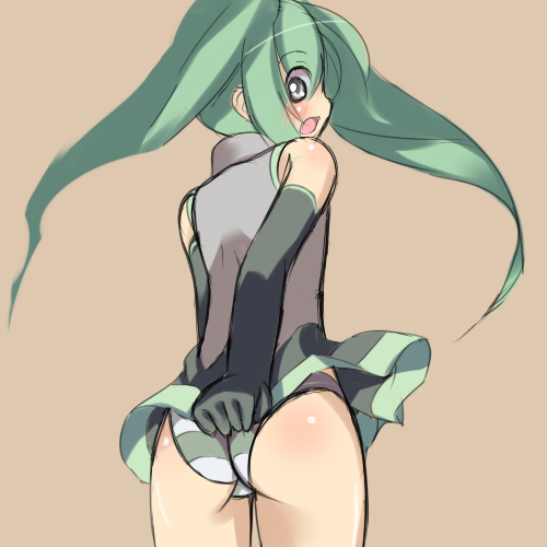 hatsune miku, vocaloid, bad id, bad pixiv id, lowres, 1girl, ass, blush, detached sleeves, female focus, green eyes, green hair, headphones, long hair, matching hair/eyes, panties, pantyshot, skirt, solo, striped clothes, striped panties, twintails, underwear