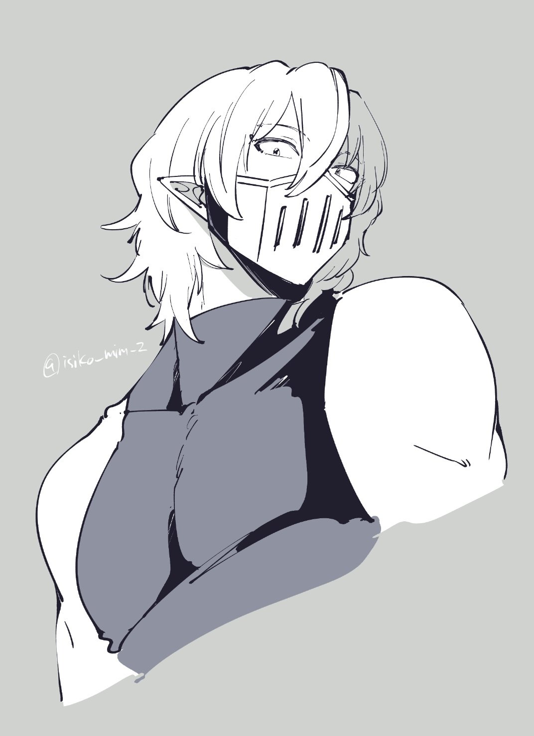 mairimashita! iruma-kun, highres, 1boy, alternate hair length, alternate hairstyle, balam shichiro, cropped torso, greyscale, isiko mim z, looking at viewer, male focus, mask, monochrome, mouth mask, pointy ears, shirt, short hair, sketch, sleeveless, sleeveless shirt, solo, twitter username, upper body