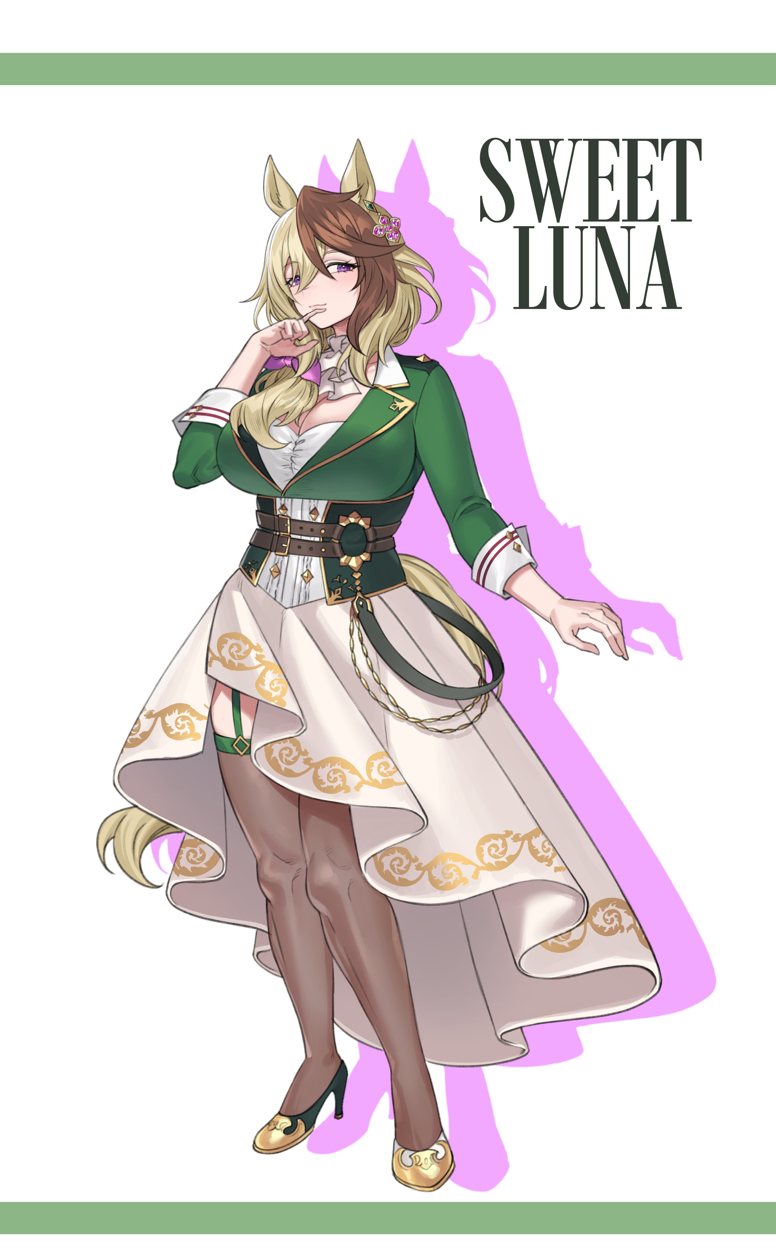 fukuro (maruaru00), original, umamusume, absurdres, commentary request, highres, 1girl, animal ears, ascot, black shoes, blonde hair, breasts, brown hair, brown thighhighs, character name, chest belt, cleavage, corset, earrings, finger to mouth, gaiters, gold trim, green jacket, high heels, horse ears, horse girl, horse tail, jacket, jewelry, long hair, looking at viewer, mismatched shoes, multicolored hair, personification, purple eyes, see-through clothes, shoes, sideways glance, silhouette, single earring, skirt, smile, solo, split-color hair, sweet luna (racehorse), tachi-e, tail, thighhigh gaiters, thighhighs, three-quarter sleeves, two-tone hair, white ascot, white shoes, white skirt