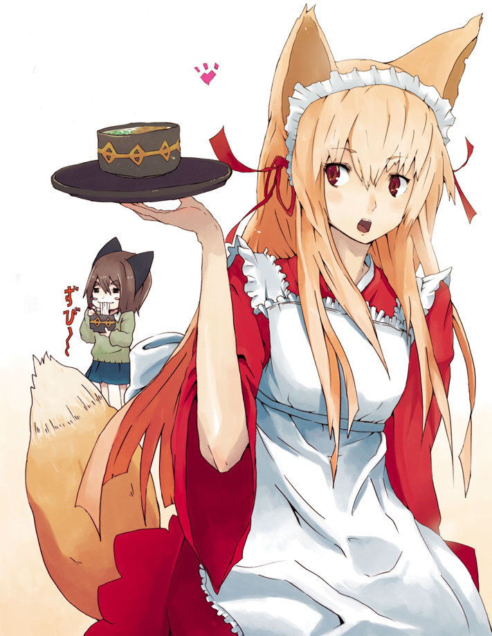 hrd, bad id, bad pixiv id, 2girls, animal ears, cowboy shot, eating, female focus, food, fox ears, fox tail, gradient background, long hair, multiple girls, noodles, orange hair, red eyes, standing, tail, waitress, white background