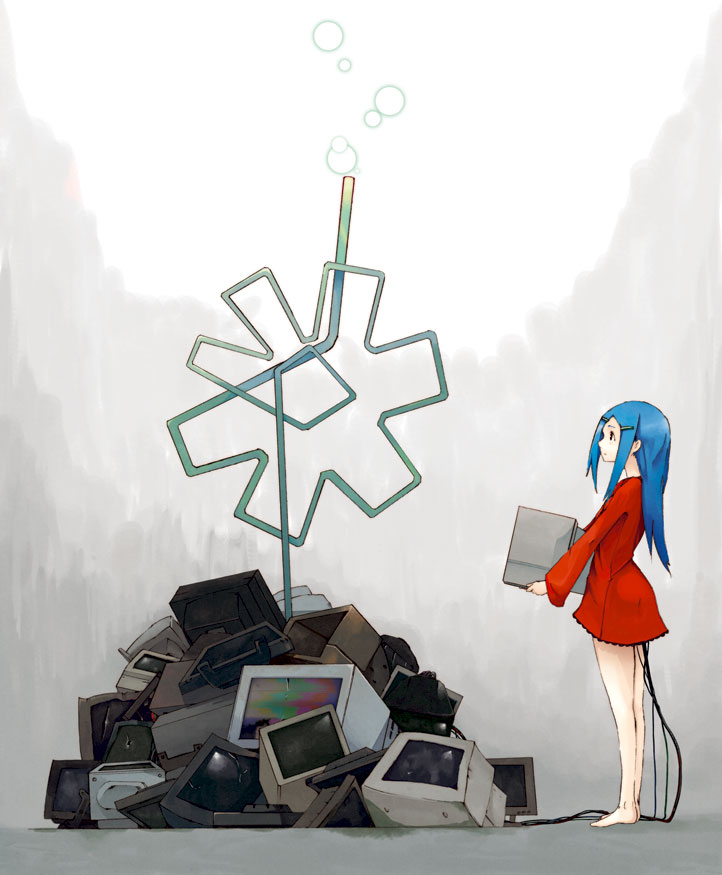 hrd, original, bad id, bad pixiv id, barefoot, blue hair, broken, bubble, cable, crt, long hair, solo, television, trash