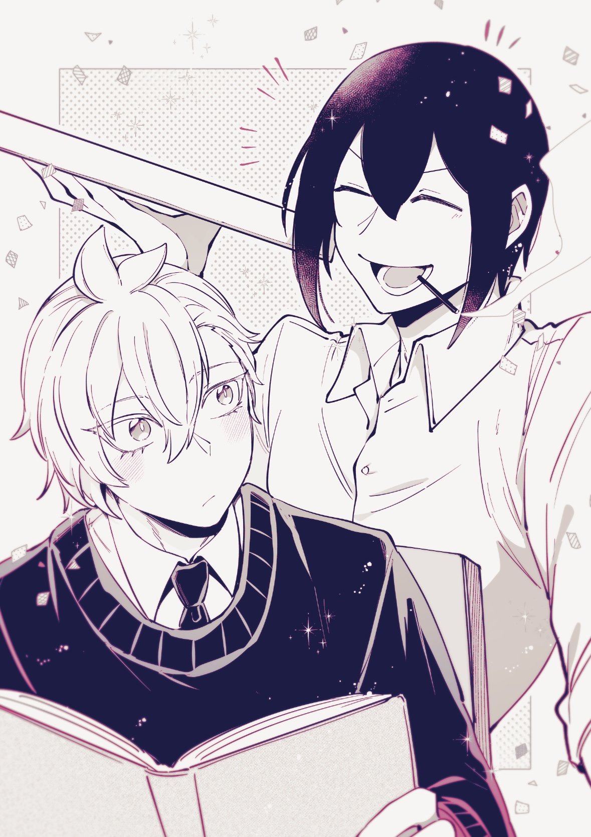 asmodeus alice, mairimashita! iruma-kun, highres, 2boys, antenna hair, book, cardigan, cigarette, closed mouth, collared shirt, hair between eyes, holding, holding book, ifrit djinn eito, isiko mim z, looking at another, male focus, monochrome, mouth hold, multiple boys, necktie, sepia, shirt, short hair, simple background, smile, smoke, smoking, upper body, white background, wing collar