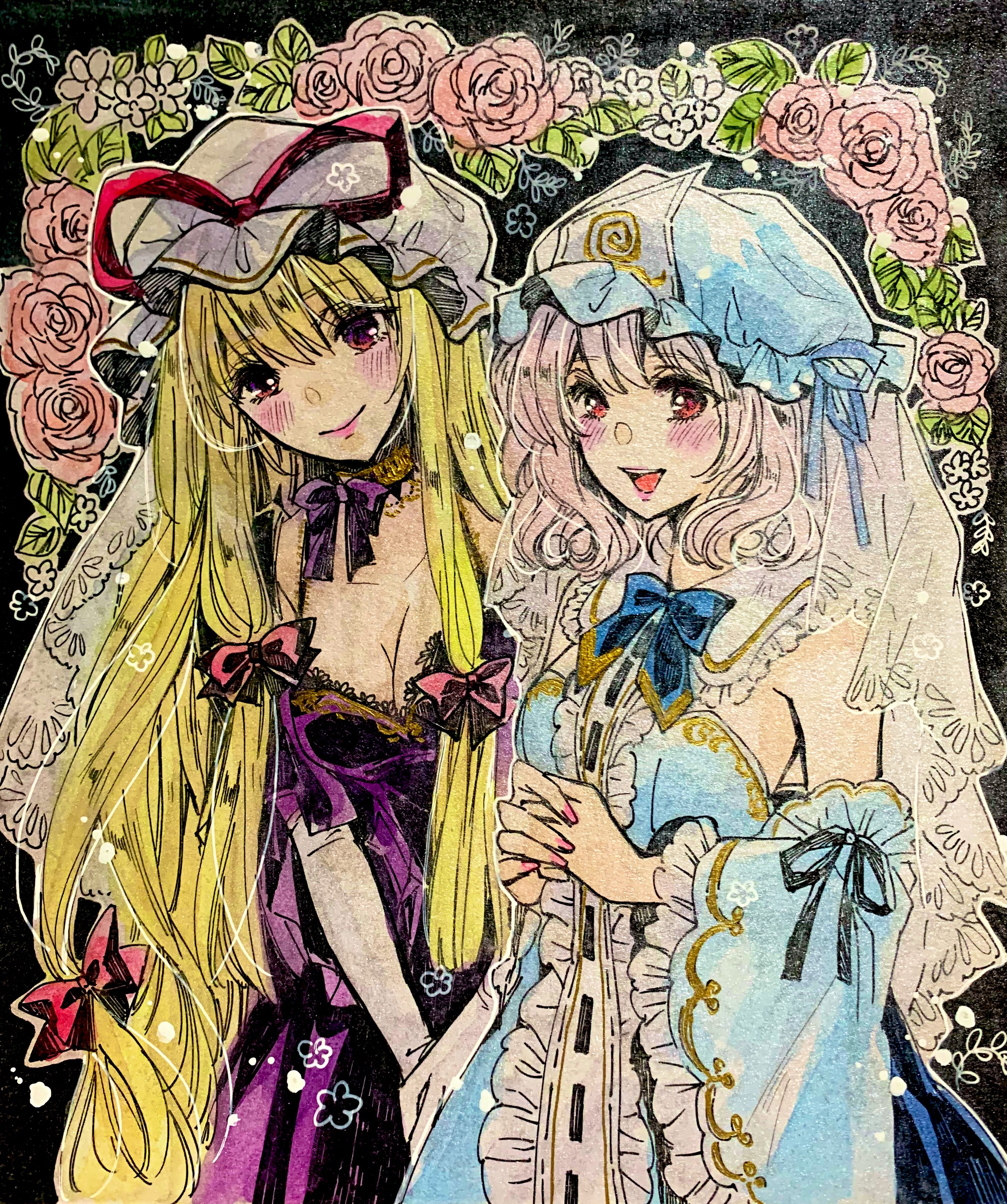 akaioringo2023, saigyouji yuyuko, yakumo yukari, touhou, absurdres, highres, 2girls, aqua dress, blonde hair, breasts, dress, floral print, hat, long hair, looking at viewer, medium breasts, mob cap, multiple girls, pink hair, purple dress, side-by-side, strapless, strapless dress, very long hair