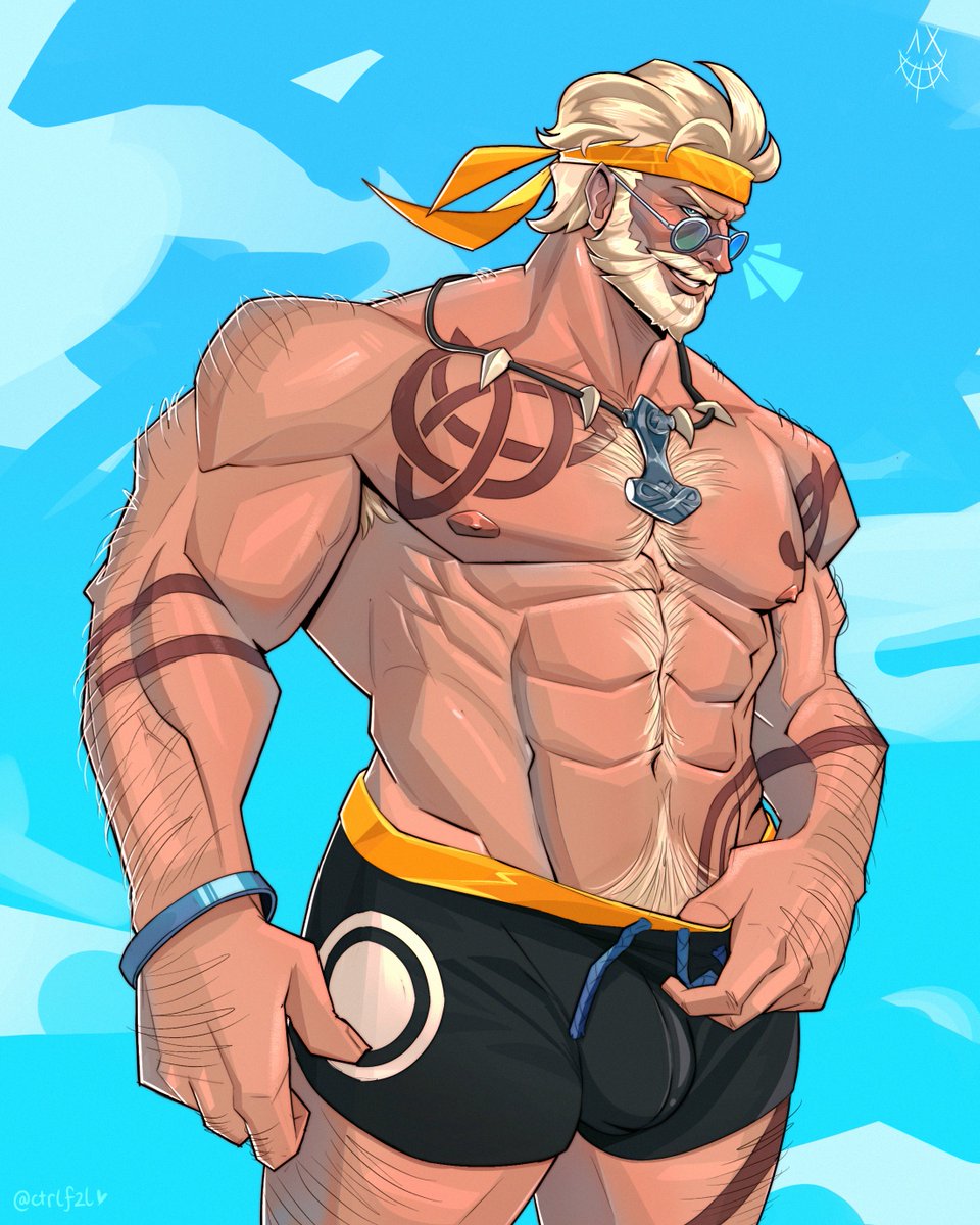 itsnotfazal, thor (marvel), thor (worthy waves) (marvel), marvel, marvel rivals, highres, 1boy, abs, arm tattoo, bara, beard, black male swimwear, blue sky, bulge, chest tattoo, day, facial hair, jewelry, male swimwear, mjolnir necklace, muscular, muscular male, necklace, nipples, official alternate costume, outdoors, short hair, sky, solo, tattoo, triquetra, triquetra tattoo, white hair