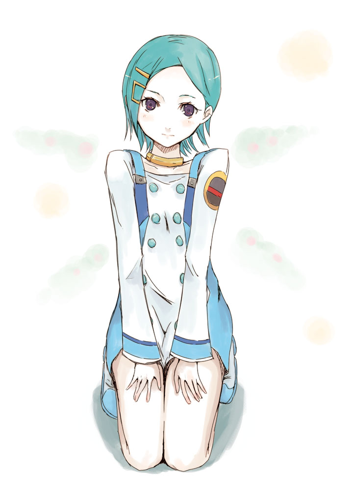 hrd, eureka (eureka seven), eureka seven, eureka seven (series), bad id, bad pixiv id, 00s, 1girl, blue hair, collar, female focus, hair ornament, hairclip, legs, short hair, sitting, solo