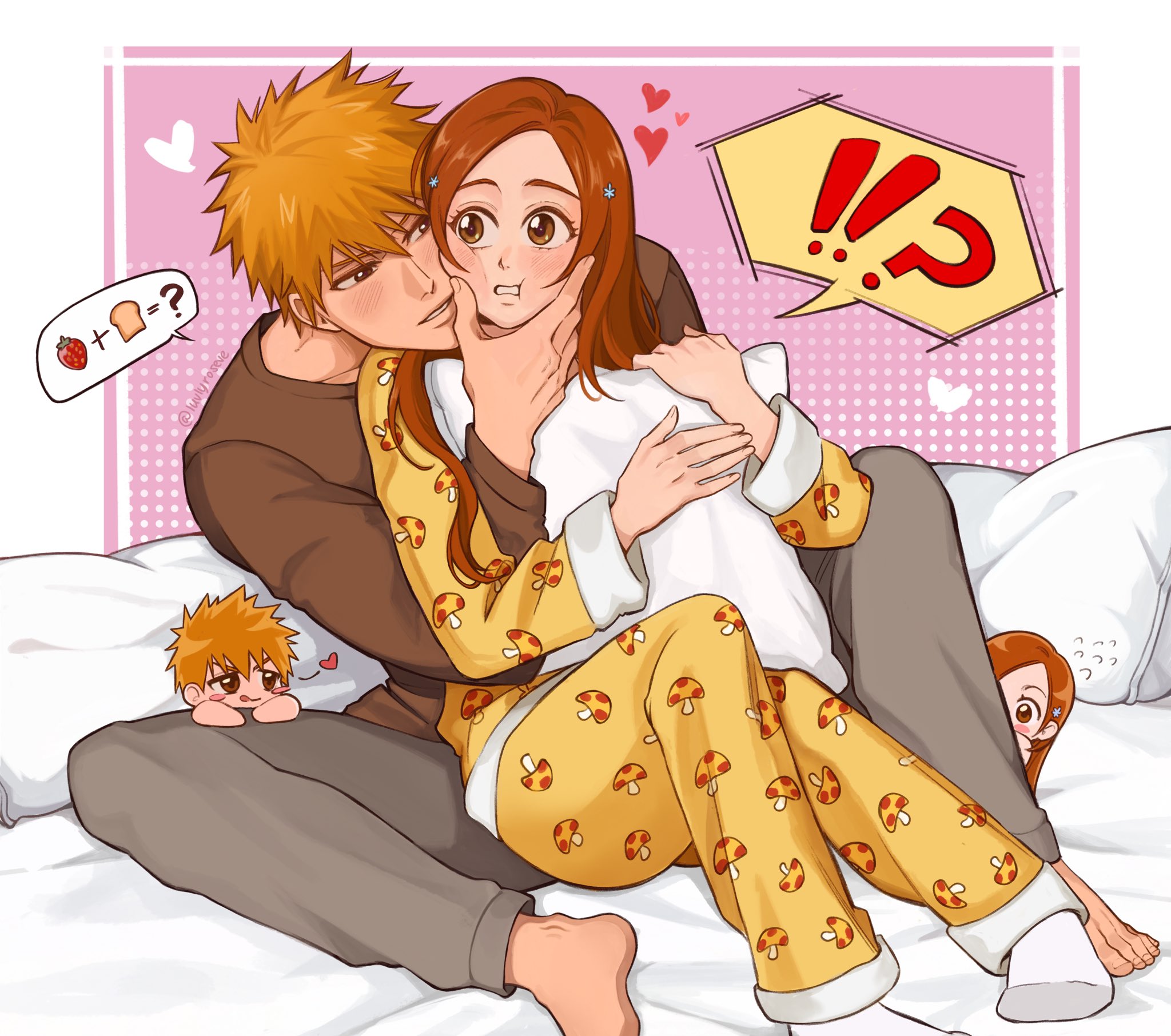 luvlyroseve, inoue orihime, kurosaki ichigo, bleach, commentary, english commentary, highres, paid reward available, !?, 1boy, 1girl, ?, barefoot, bed sheet, blush, bread, bread slice, brown eyes, brown shirt, cheek-to-cheek, chibi, chibi inset, couple, flying sweatdrops, food, food print, foot out of frame, fruit, grey pants, hair ornament, hairclip, hand on another's cheek, hand on another's face, heads together, heart, holding, holding pillow, long hair, long sleeves, looking at another, mushroom print, no shoes, orange hair, pajamas, pants, parted lips, pillow, print pajamas, shirt, short hair, sitting, sitting on lap, sitting on person, socks, spiked hair, squeezing cheeks, strawberry, white socks, yellow pajamas