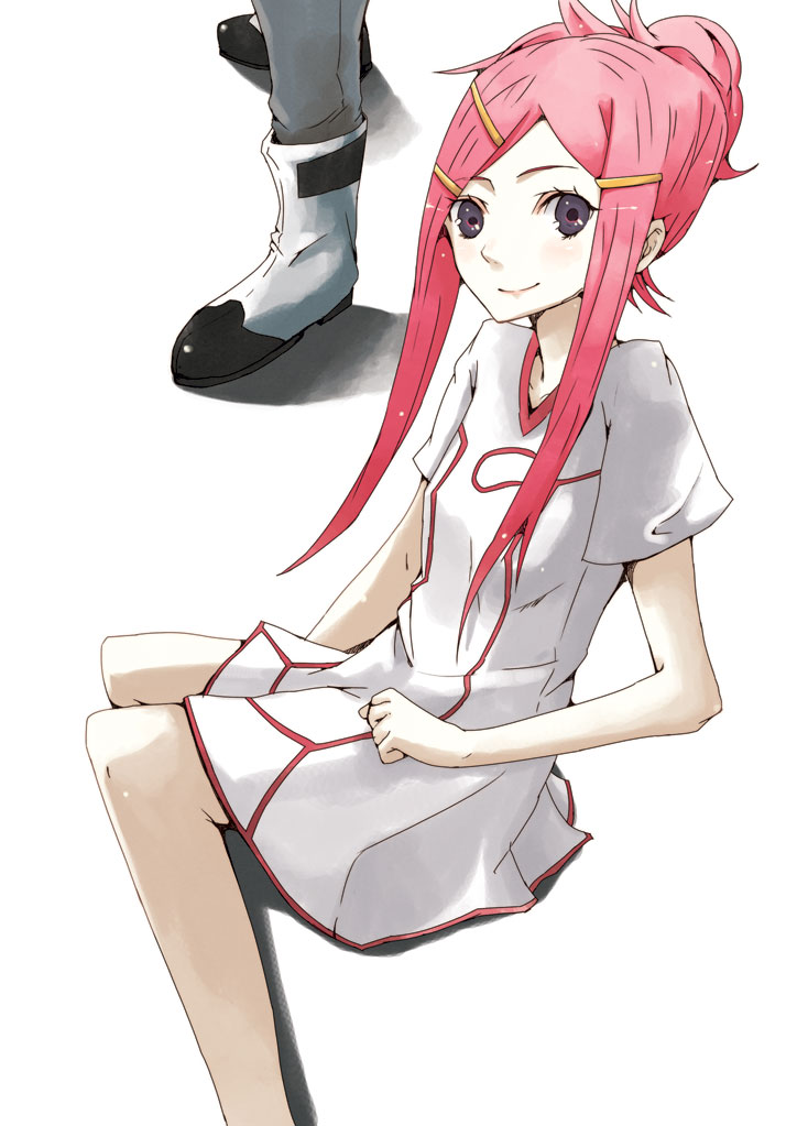 hrd, anemone (eureka seven), eureka seven, eureka seven (series), bad id, bad pixiv id, 00s, 1girl, female focus, flat chest, hair ornament, hairclip, long hair, pink hair, sitting, smile, solo