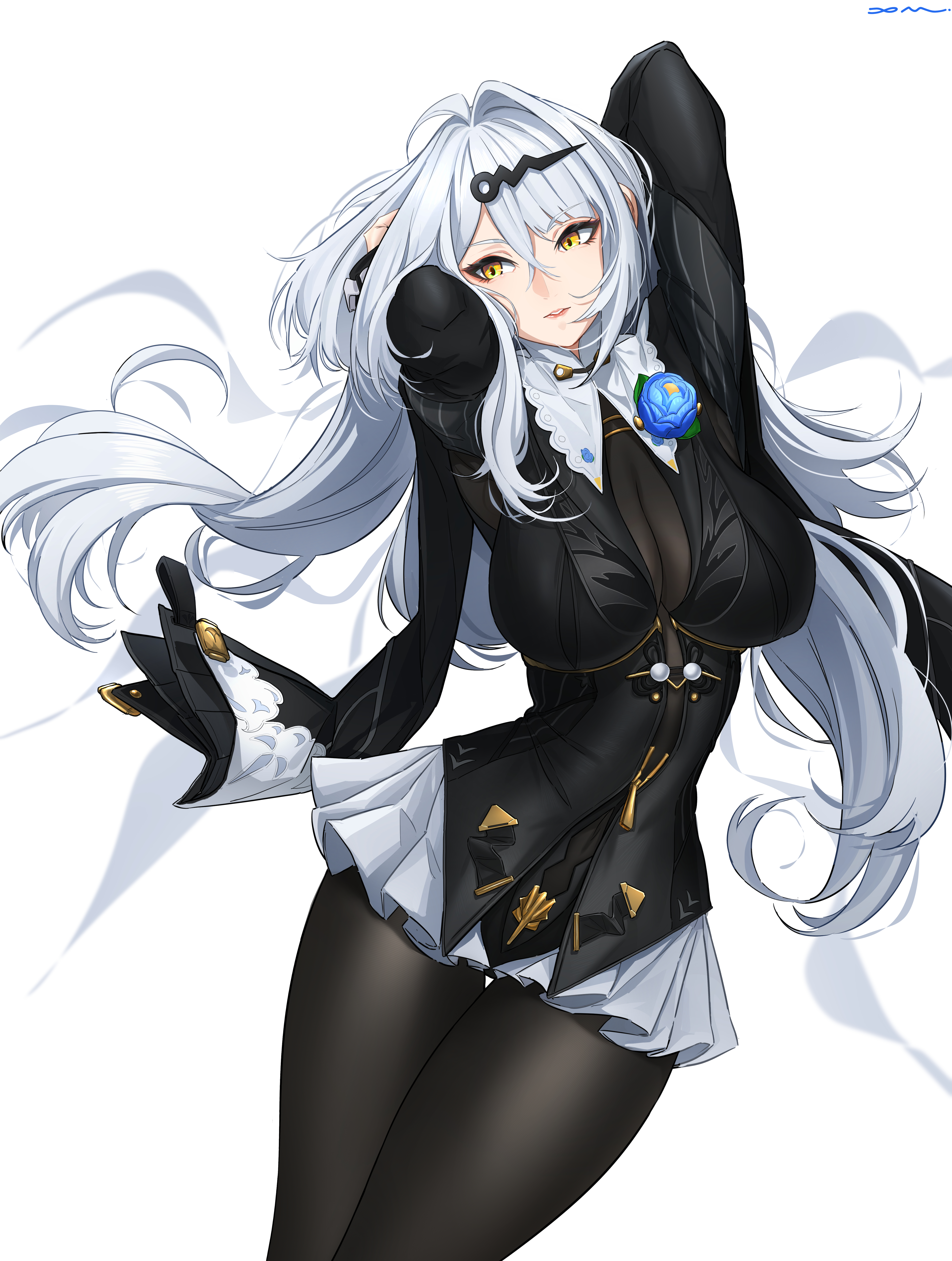 xm (rvgj8487), yixuan (trails of ink) (zenless zone zero), yixuan (zenless zone zero), zenless zone zero, absurdres, highres, 1girl, ahoge, arms up, back-seamed legwear, black jacket, black pantyhose, black unitard, blue flower, blue rose, bodystocking, boutonniere, breasts, dress over shirt, flower, flower on chest, frilled leotard, frills, hair ornament, hand in own hair, jacket, large breasts, leotard, long hair, long sleeves, official alternate costume, pantyhose, parted lips, rose, seamed legwear, single hair intake, skirt, solo, very long hair, white hair, yellow eyes