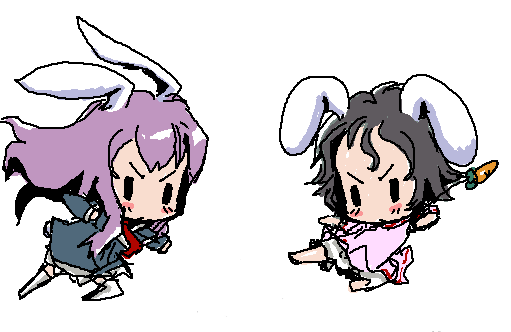 baku taso, itigekimaru, inaba tewi, reisen udongein inaba, touhou, 2girls, animal ears, chibi, female focus, full body, multiple girls, rabbit ears, simple background, white background