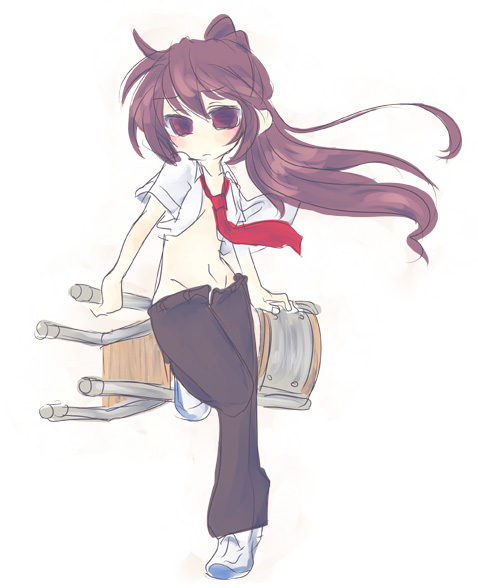 kashiwa (eatcon), kyon, kyonko, suzumiya haruhi no yuuutsu, bad id, bad pixiv id, gender request, 00s, 1girl, blouse, brown eyes, brown hair, chair, crossdressing, crossdressing (ftm), female focus, genderswap, navel, necktie, open clothes, open shirt, ponytail, shirt, shoes, solo, white shirt