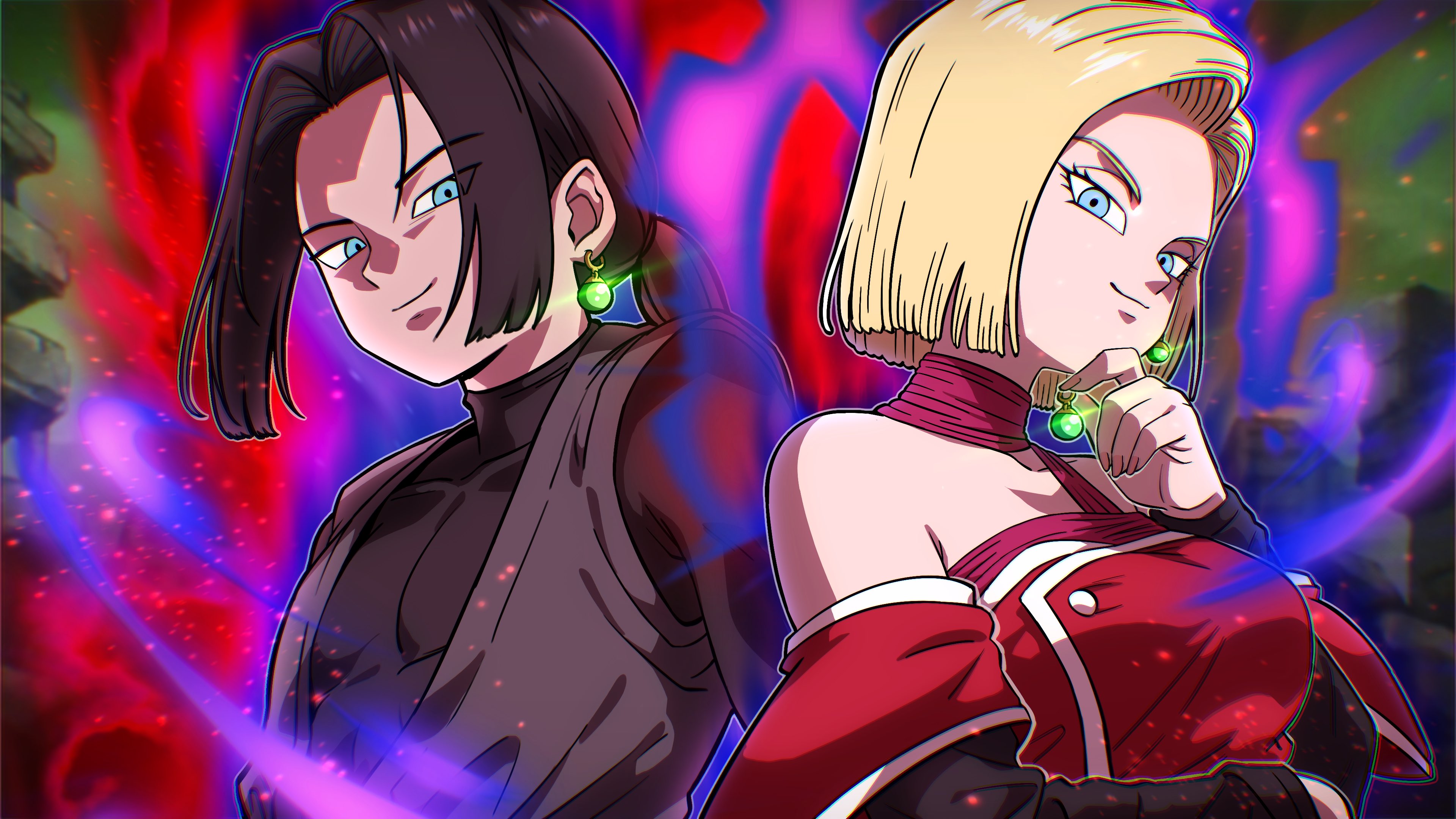 pea-bean, android 17, android 18, goku black, dragon ball, dragon ball super, absurdres, highres, 1boy, 1girl, bare shoulders, black hair, black shirt, blonde hair, blue eyes, breasts, brother and sister, cosplay, dougi, dress, earrings, goku black (cosplay), grey tunic, holding earrings, jewelry, medium breasts, ponytail, potara earrings, red dress, shirt, short hair, siblings, single earring, smirk, strapless, tunic, twins, unworn earring, upper body