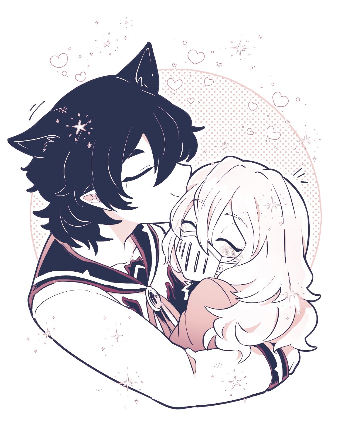 opera (iruma-kun), mairimashita! iruma-kun, highres, 1boy, 1other, animal ears, balam shichiro, cat ears, cat tail, closed eyes, extra ears, gloves, heart, hug, isiko mim z, long hair, long sleeves, mask, monochrome, mouth mask, pointy ears, sailor collar, school uniform, serafuku, shirt, short hair, simple background, smile, tail, trap, upper body, white background