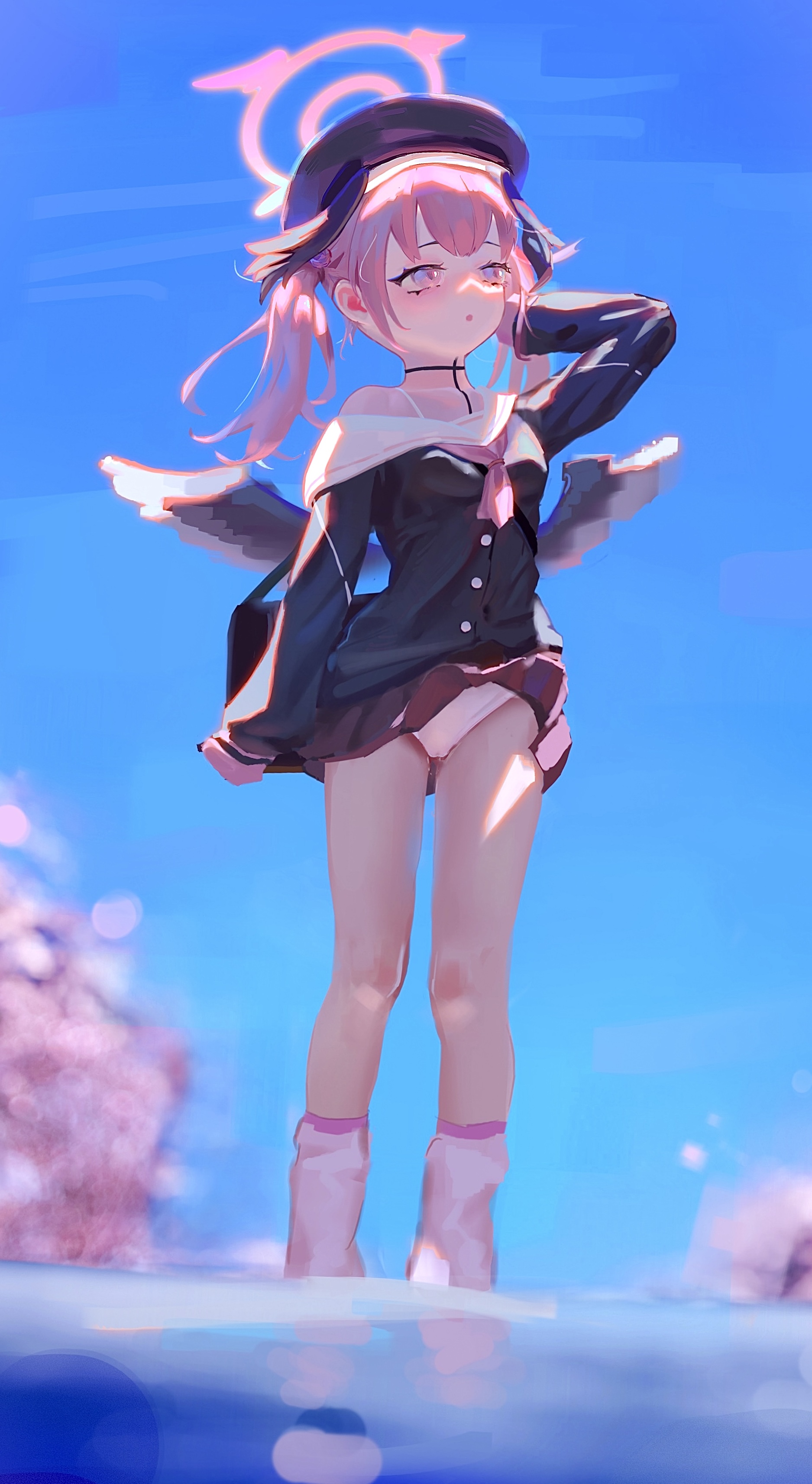 hsch, koharu (blue archive), blue archive, absurdres, highres, 1girl, bag, black wings, blue sky, blurry, choker, feathered wings, head out of frame, loose socks, low wings, neckerchief, off shoulder, outdoors, panties, pantyshot, pink hair, pink neckerchief, pink socks, school uniform, serafuku, skirt, sky, sleeves past wrists, socks, solo, twintails, underwear, white panties, wind, wind lift, wings