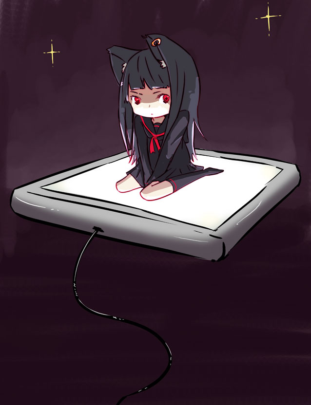 hrd, original, bad id, bad pixiv id, animal ears, black hair, chibi, earrings, jewelry, long hair, red eyes, school uniform, serafuku, sitting, solo, tablet pc