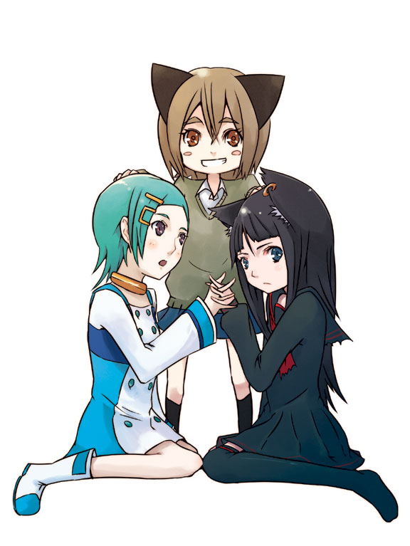 hrd, eureka (eureka seven), eureka seven, eureka seven (series), original, white footwear, artist collaboration, bad id, bad pixiv id, 00s, 3girls, animal ears, aqua hair, black hair, blue hair, boots, brown eyes, brown hair, collar, earrings, hair ornament, hairclip, happy, holding hands, jewelry, long hair, multiple girls, school uniform, serafuku, short hair, thighhighs