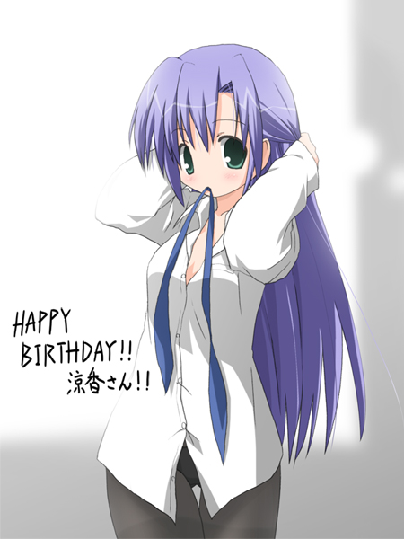 ginga nakajima, lyrical nanoha, mahou shoujo lyrical nanoha, mahou shoujo lyrical nanoha strikers, 00s, 1girl, blush, dress shirt, dressing, female focus, green eyes, long hair, mouth hold, necktie, panties, panties under pantyhose, pantyhose, purple hair, shirt, solo, underwear