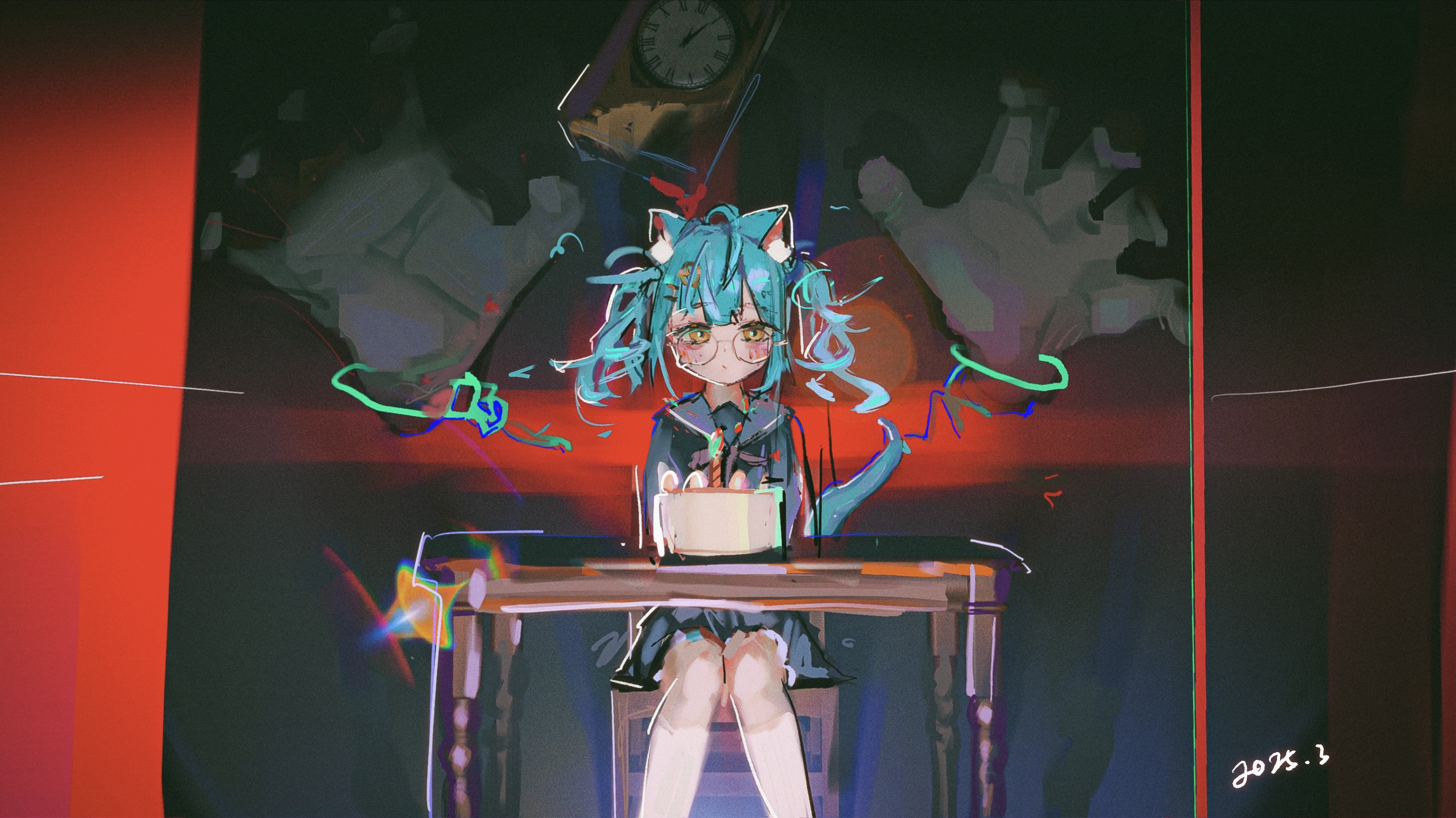 hsch, original, absurdres, highres, 1girl, animal ear fluff, animal ears, birthday cake, black serafuku, blue hair, blush, cake, candle, cat ears, cat girl, cat tail, chair, clock, food, glasses, hair ornament, looking at viewer, perspective, round eyewear, sailor collar, school uniform, serafuku, sitting, skirt, star (symbol), star hair ornament, table, tail, twintails, yellow eyes