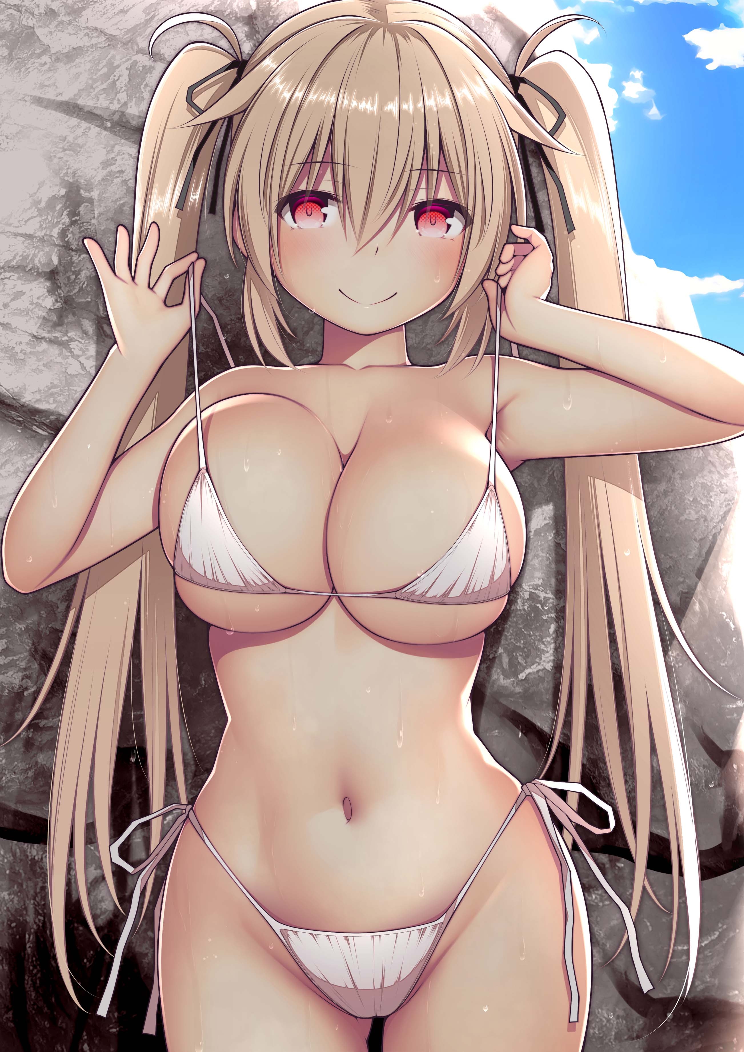 kuromayu, murasame (kancolle), kantai collection, absurdres, highres, 1girl, bikini, black ribbon, blue sky, blush, breasts, brown hair, cleavage, cloud, cowboy shot, day, hair between eyes, hair ribbon, hands up, large breasts, long hair, looking at viewer, outdoors, red eyes, ribbon, rock, side-tie bikini bottom, sky, smile, solo, swimsuit, twintails, very long hair, wet, white bikini