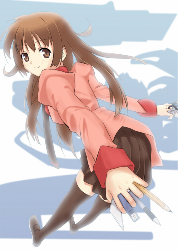 nagareboshi, senjougahara hitagi, bakemonogatari, monogatari (series), 00s, 1girl, blush, brown eyes, brown hair, female focus, long hair, looking back, school uniform, serafuku, skirt, solo, stationery, thighhighs, zettai ryouiki