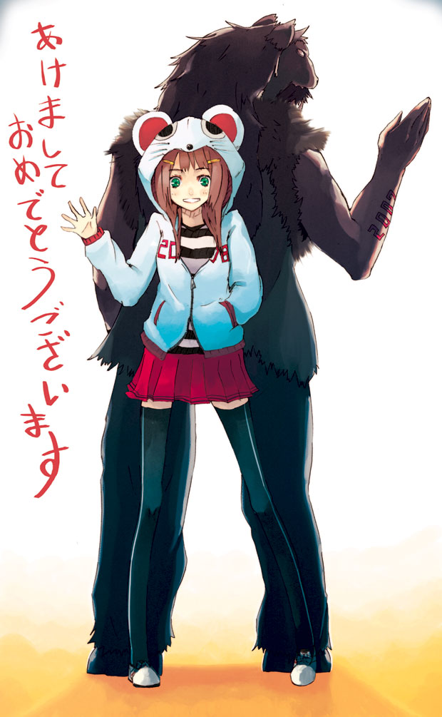 hrd, bad id, bad pixiv id, animal ears, back-to-back, brown hair, green eyes, hair ornament, hairclip, happy, hood, long hair, mouse ears, thighhighs, waving