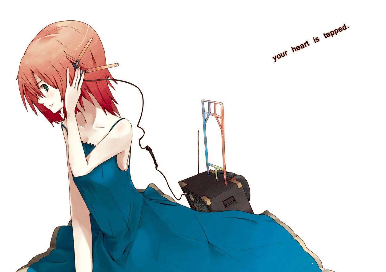 hrd, original, bad id, bad pixiv id, dress, green eyes, headphones, red hair, short hair, solo
