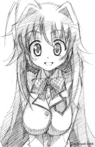 gofu, minamoto chizuru, kanokon, traditional media, 00s, greyscale, monochrome, sketch, solo