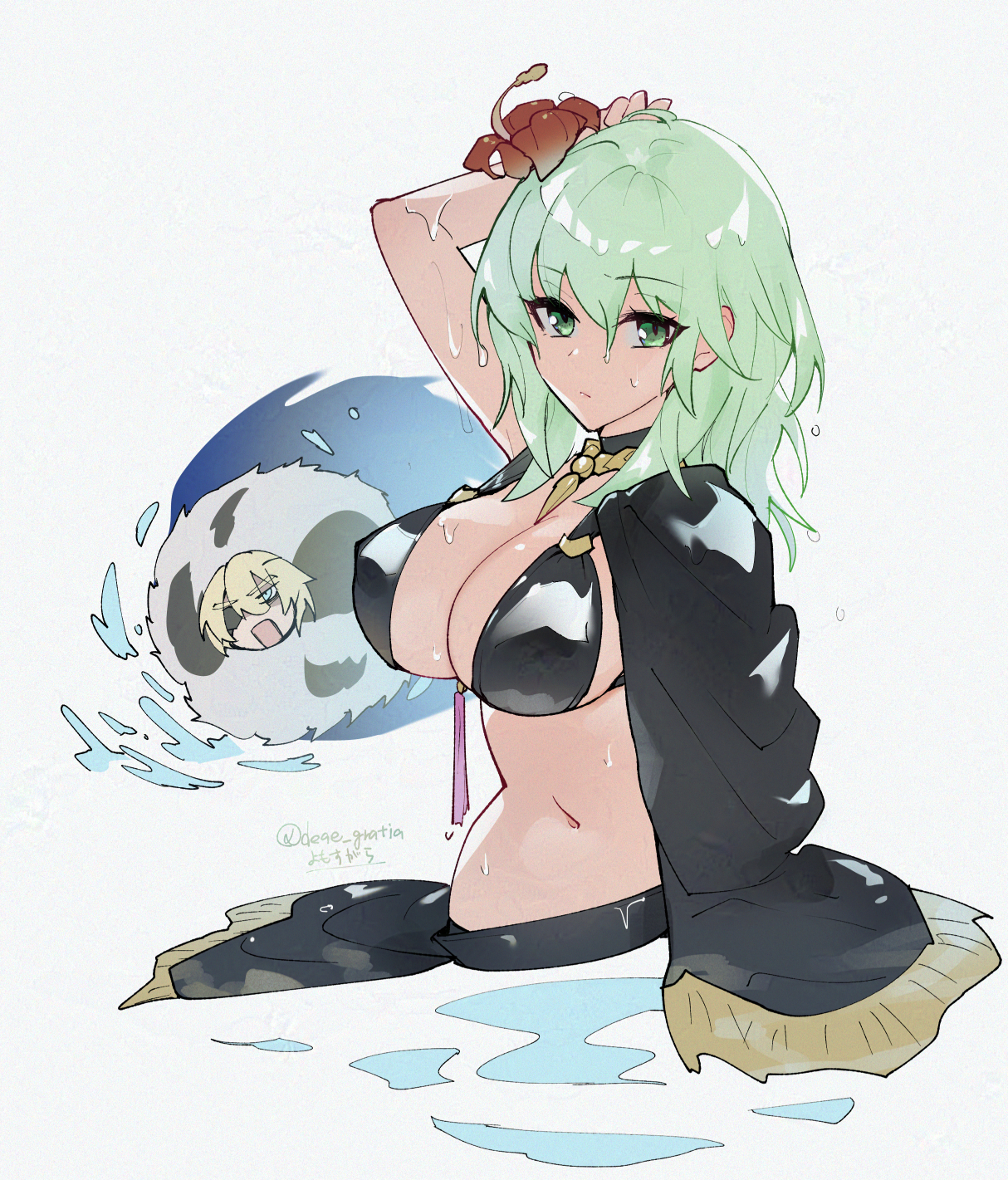 yomos gara, dimitri alexandre blaiddyd, female byleth (enlightened) (fire emblem), female byleth (fire emblem), female byleth (summer) (fire emblem), fire emblem, fire emblem: three houses, fire emblem heroes, nintendo, commentary request, highres, 1boy, 1girl, arm up, bikini, black bikini, black cape, blonde hair, blue eyes, breasts, cape, cleavage, eyepatch, flower, green eyes, green hair, hair between eyes, hair flower, hair ornament, hibiscus, large breasts, long hair, looking at viewer, meme request, navel, official alternate costume, open mouth, red flower, short hair, sidelocks, simple background, single bare shoulder, standing, stomach, swimsuit, twitter username, wading, water, wet, wet hair