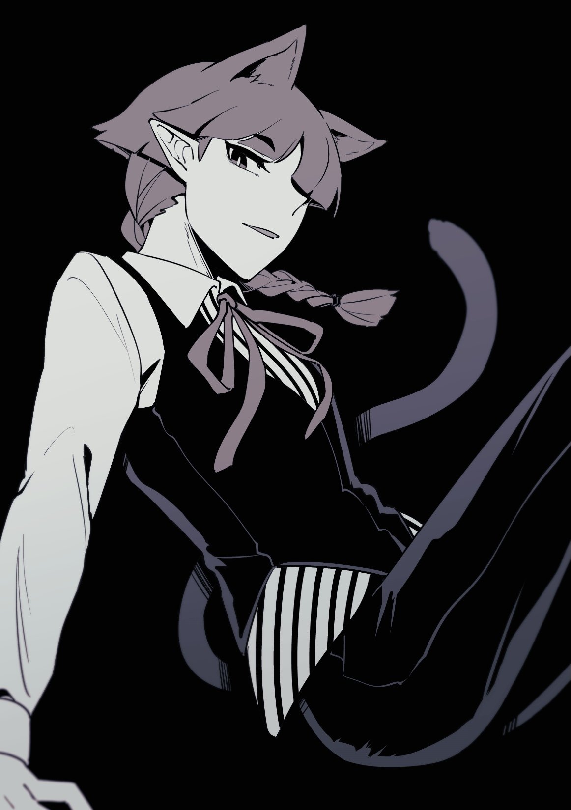 opera (iruma-kun), mairimashita! iruma-kun, highres, 1other, animal ears, black background, braid, cat ears, cat tail, collared shirt, extra ears, greyscale, isiko mim z, long hair, long sleeves, looking at viewer, monochrome, other focus, pants, pinstripe pattern, pointy ears, ribbon, shirt, simple background, solo, tail, vest, wing collar