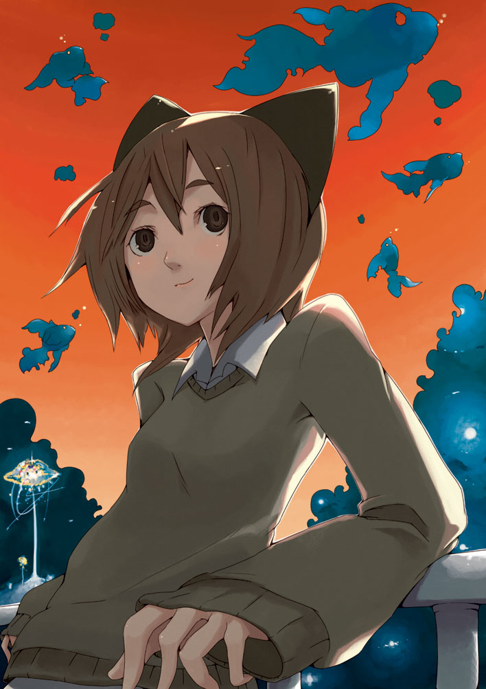 hrd, original, bad id, bad pixiv id, animal ears, brown eyes, brown hair, cat ears, short hair, solo, sweater