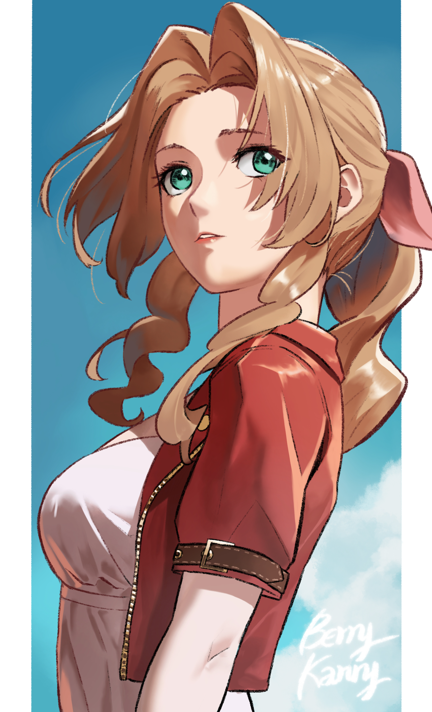 berrykanry, aerith gainsborough, final fantasy, final fantasy vii, final fantasy vii remake, absurdres, highres, 1girl, blue sky, braid, braided ponytail, breasts, brown hair, cloud, cropped jacket, day, dress, from side, green eyes, hair ribbon, jacket, long hair, medium breasts, outdoors, parted bangs, pink dress, pink ribbon, red jacket, ribbon, short sleeves, sidelocks, sky, solo, upper body