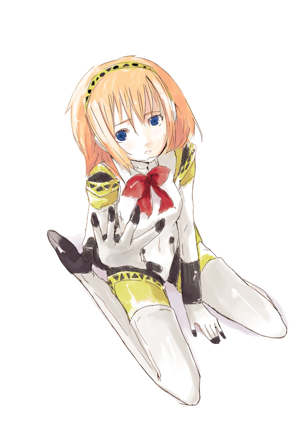 hrd, aigis (persona), atlus, persona, persona 3, bad id, bad pixiv id, highres, android, blue eyes, orange hair, short hair, sitting, solo
