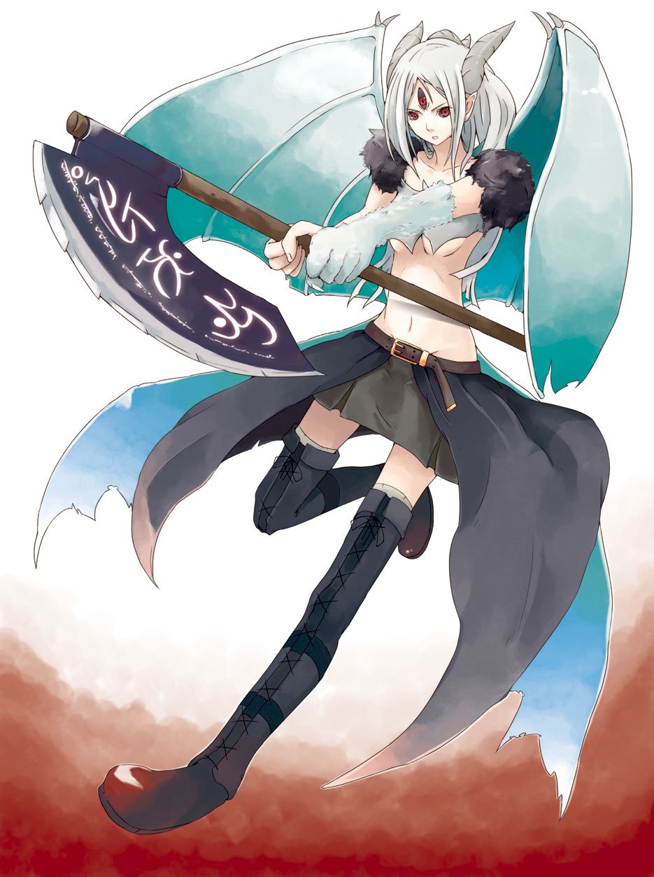 hrd, bad id, bad pixiv id, highres, 1girl, animal hands, axe, boots, breasts, female focus, full body, grey hair, holding, holding weapon, horns, long hair, midriff, monster girl, parted bangs, red eyes, solo, thigh boots, thighhighs, third eye, weapon, wings