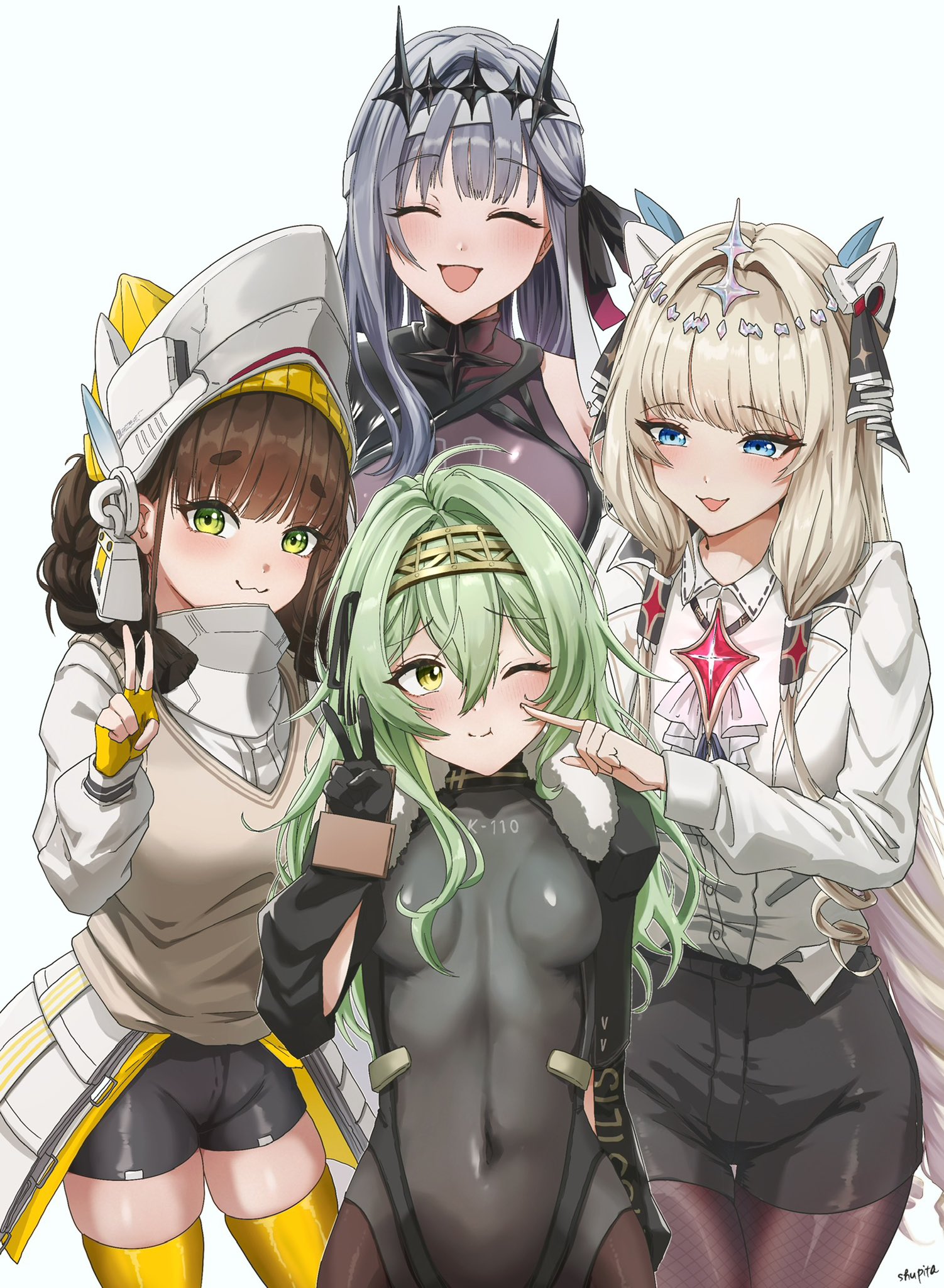 shupita, chime (nikke), crown (nikke), kilo (nikke), modernia (nikke), modernia (second affection) (nikke), goddess of victory: nikke, highres, 4girls, bandaged head, bandages, beanie, black bodysuit, black crown, black dress, black ribbon, black tiara, blonde hair, blue eyes, blush, bodysuit, braid, breasts, brown hair, cleavage, closed mouth, covered navel, crown, dress, drill hair, fur-trimmed shrug, gloves, green eyes, green hair, grey hair, grey leotard, hair between eyes, hair ribbon, hairband, hat, helmet, impossible clothes, impossible jacket, jacket, large breasts, leotard, long hair, long sleeves, looking at viewer, mechanical gloves, metal hairband, multiple girls, official alternate costume, open mouth, pantyhose, ribbon, see-through cleavage, see-through clothes, shirt, sideless dress, skin tight, small breasts, smile, tiara, too many drills, twin braids, very long hair, visor (armor), white knight (nikke), white shirt, yellow eyes, yellow gloves, yellow hat