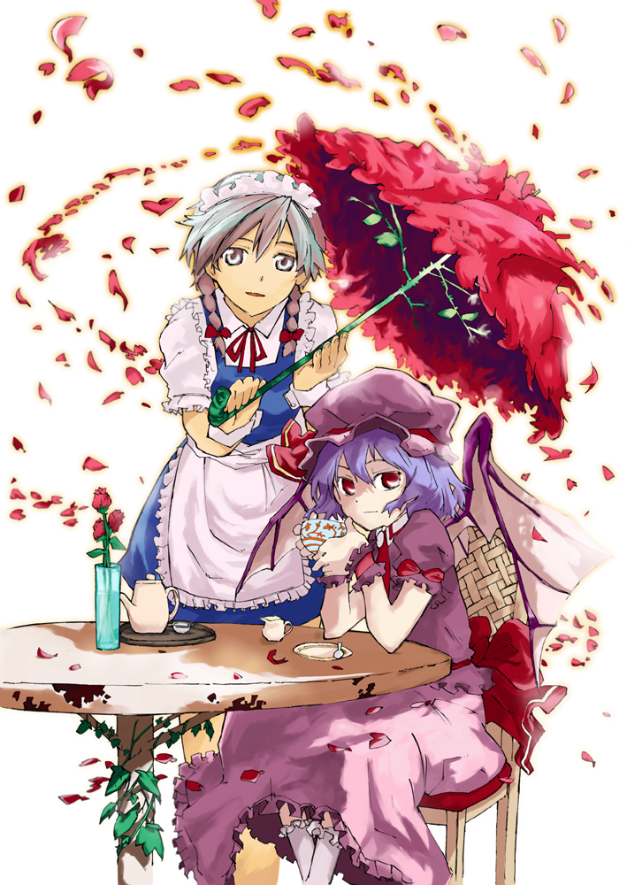 ogawa maiko, izayoi sakuya, remilia scarlet, touhou, 2girls, dress, female focus, flower, hat, maid, multiple girls, nature, plant, ribbon, tea, umbrella, white background, wings