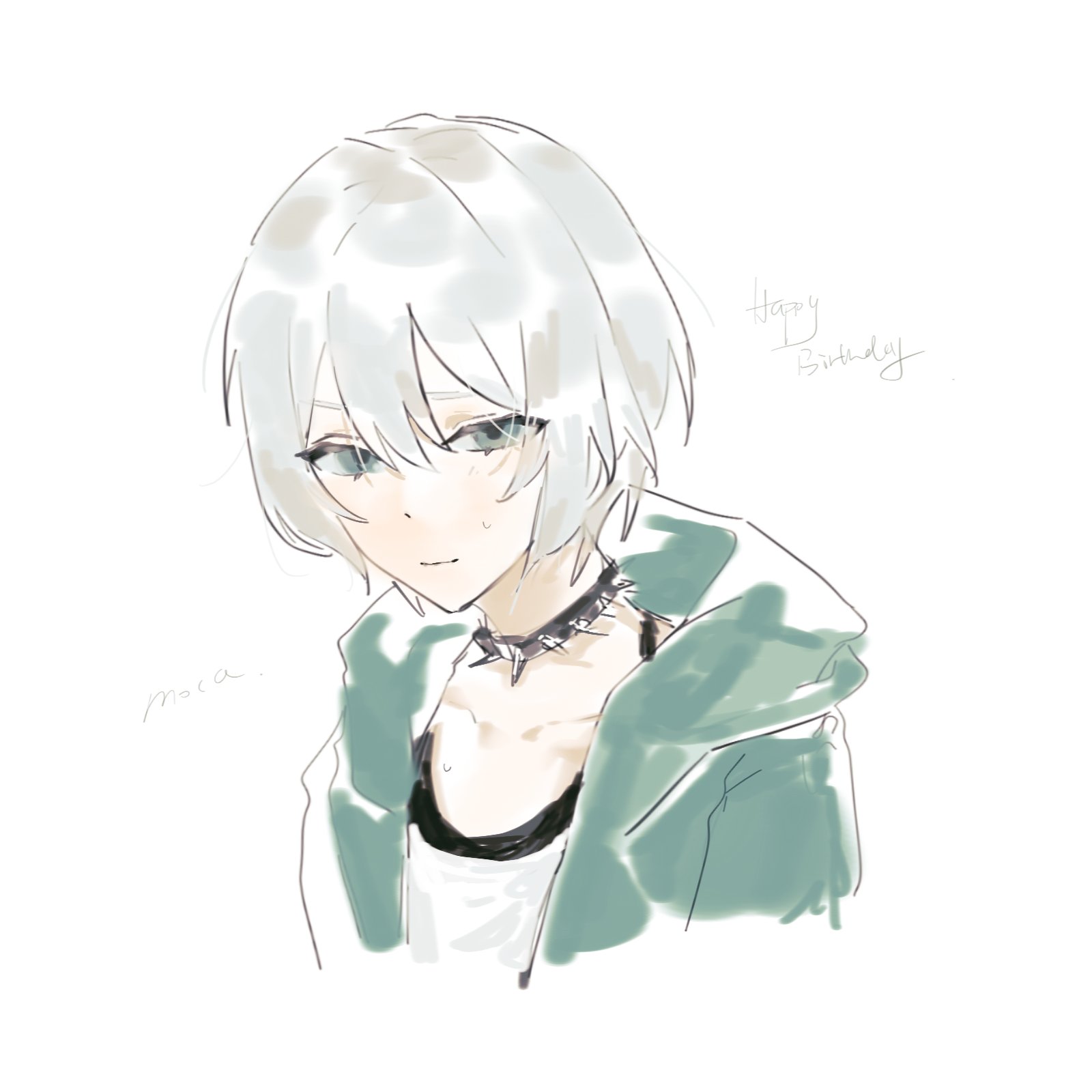 feiyu30903448, aoba moca, bang dream!, highres, 1girl, black choker, blue eyes, blue jacket, character name, choker, hair between eyes, happy birthday, hood, hood down, hooded jacket, jacket, open clothes, open jacket, shirt, short hair, simple background, solo, spiked choker, spikes, upper body, white background, white hair, white shirt