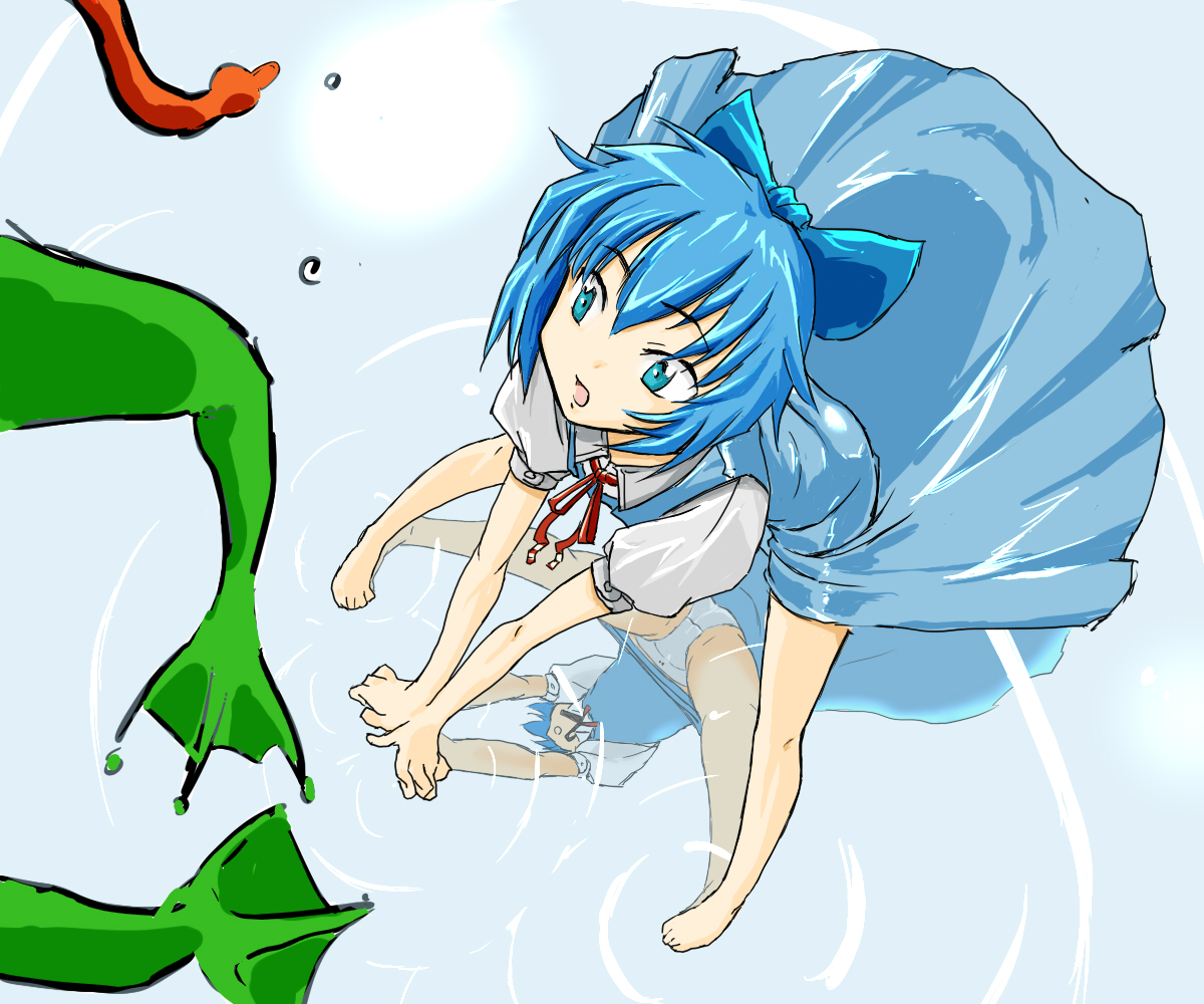 cif, cirno, embodiment of scarlet devil, touhou, 1girl, blue hair, dress, female focus, frog, panties, reflection, ribbon, solo, underwear