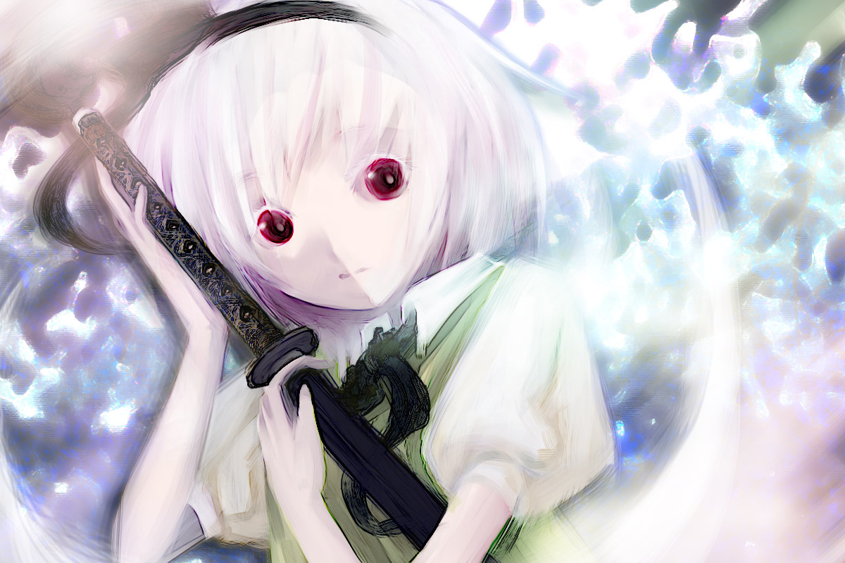 fujisaki hikari, konpaku youmu, konpaku youmu (ghost), touhou, 1girl, female focus, hitodama, katana, ribbon, sheath, sheathed, solo, sword, weapon